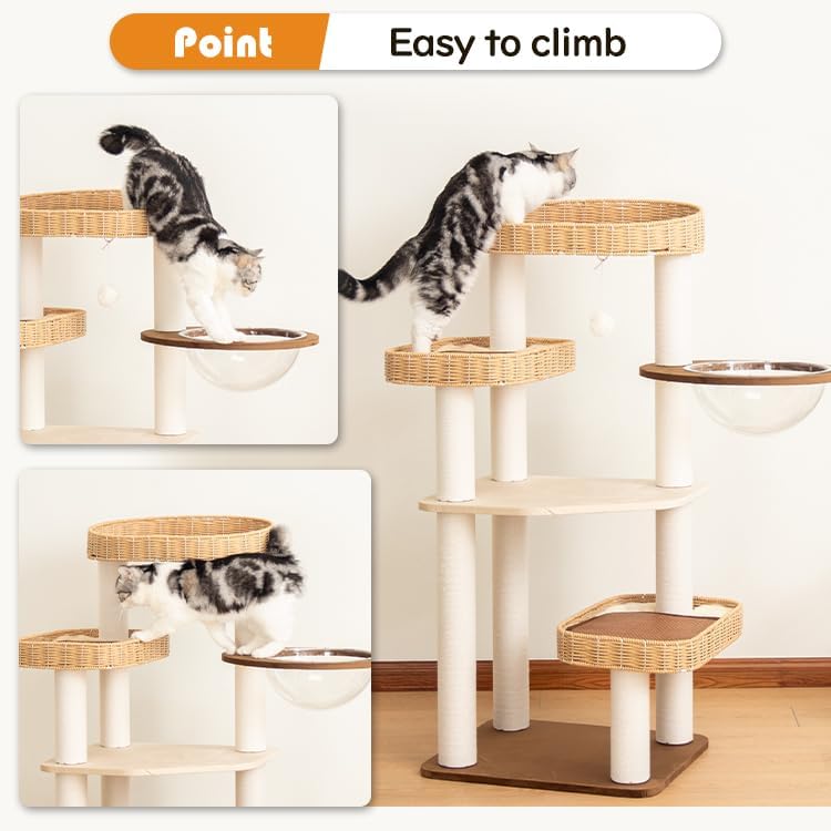 48'' Cat Tree for Large Cats, Modern Cat Tree Multi-Level Condo with Natural Wood, Cat Activity Centre for Medium and Big Pets (White LS02)