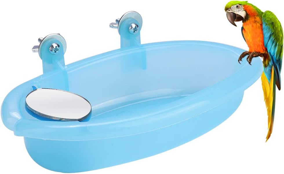 Tnfeeon Pet Bird Bathing Box, Cute Blue Pet Parrot Bathtub Box with Mirror Bird Cage Toy Accessory 7.4x3.9 in for Small Parakeet