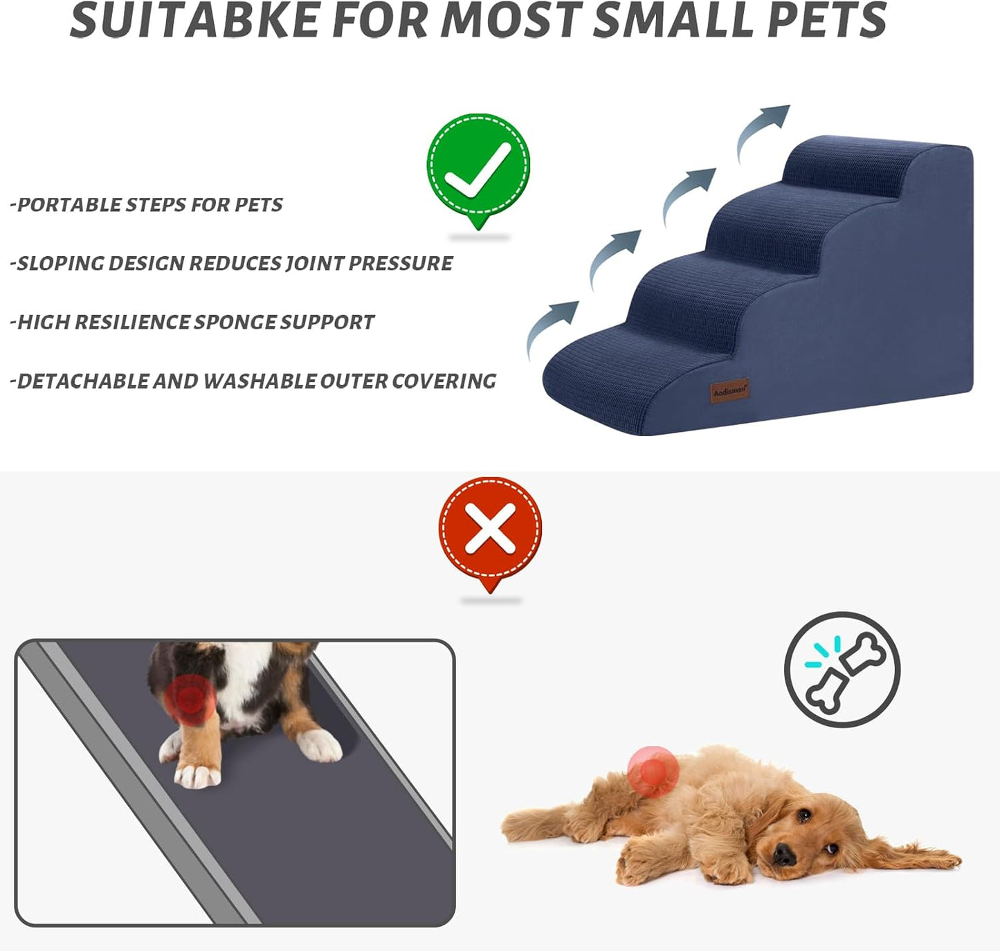 4-Step Dog Stairs and Ramp for Beds or Couches,Non-Slip Sturdy Pet Steps for Small Dogs and Cats,17.4" H,Blue