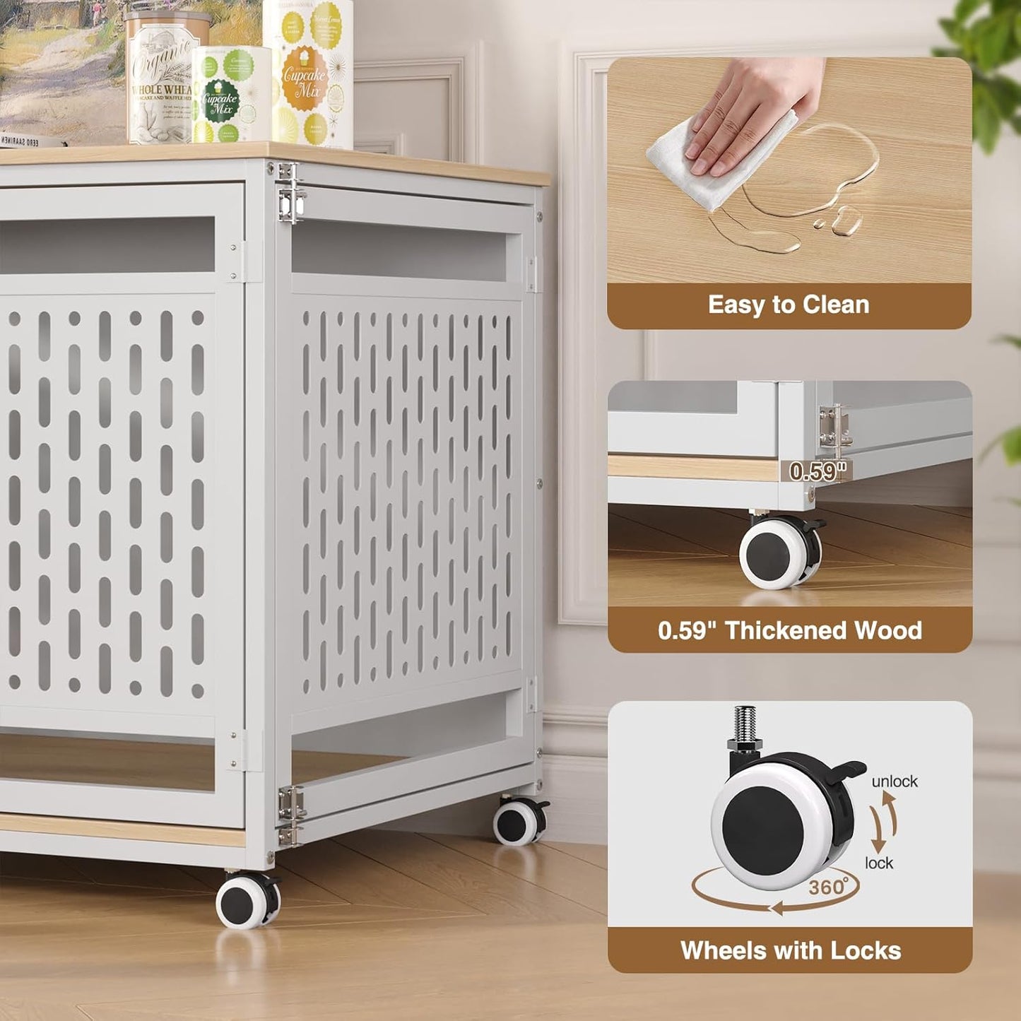 40.1" Dog Crate Furniture for Medium/Large Breed, Dog Kennel Furniture with Wheels, Heavy Duty Wooden End Side Table Pet Cage Indoor, Chew-Resistant, White