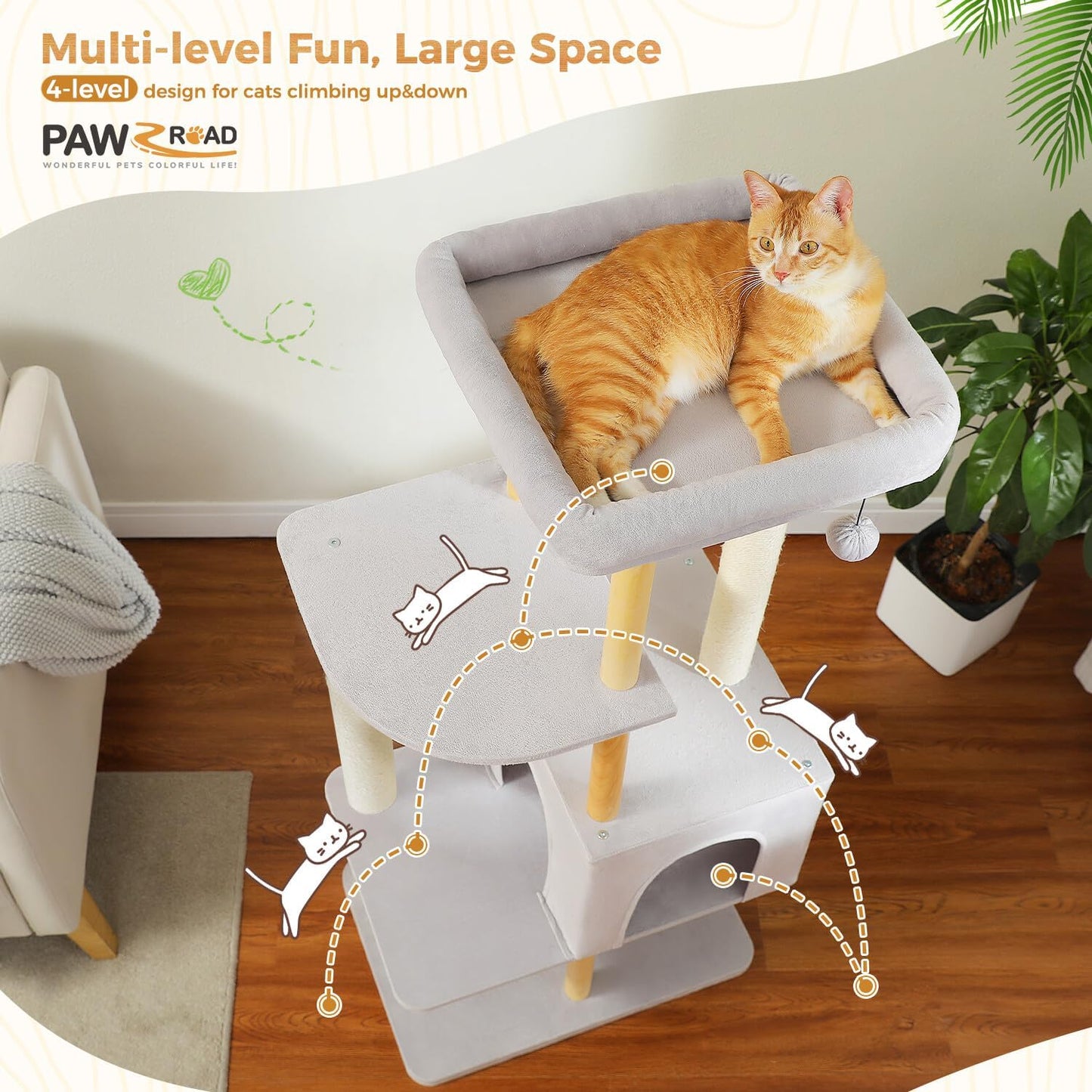 PAWZ Road Large Cat Tree, 53 Inches Modern Wooden Cat Tower for Indoor Cats, Multi-Level Cat Condos with Long Scratching Posts and Natural Wood Posts,Gray