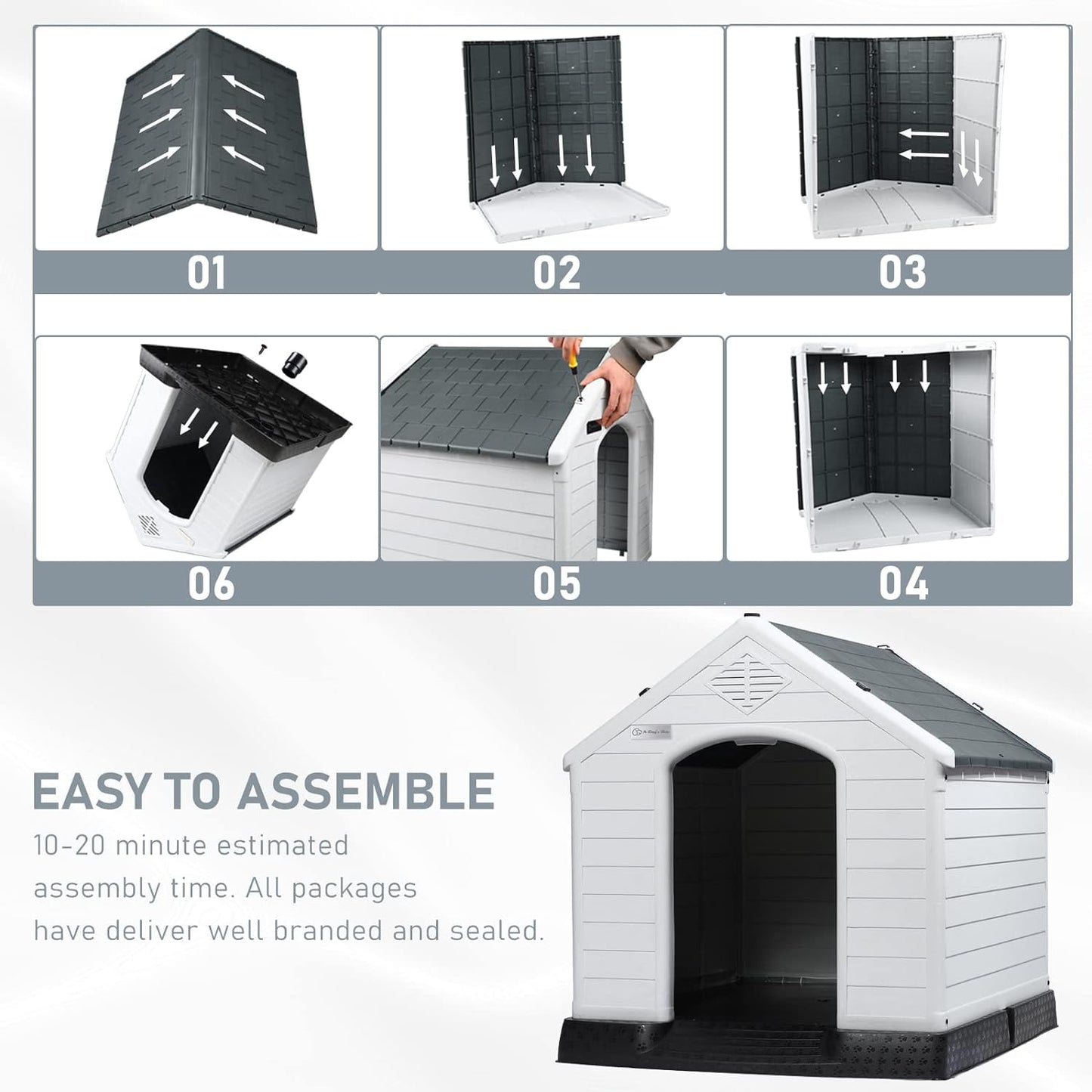 LEMBERI Durable Waterproof Plastic Dog House for Small to Large Sized Dogs, Indoor Outdoor Doghouse Insulated Puppy Shelter with Elevated Floor, Easy to Assemble (Gray, 34''L*31''W*32''H)