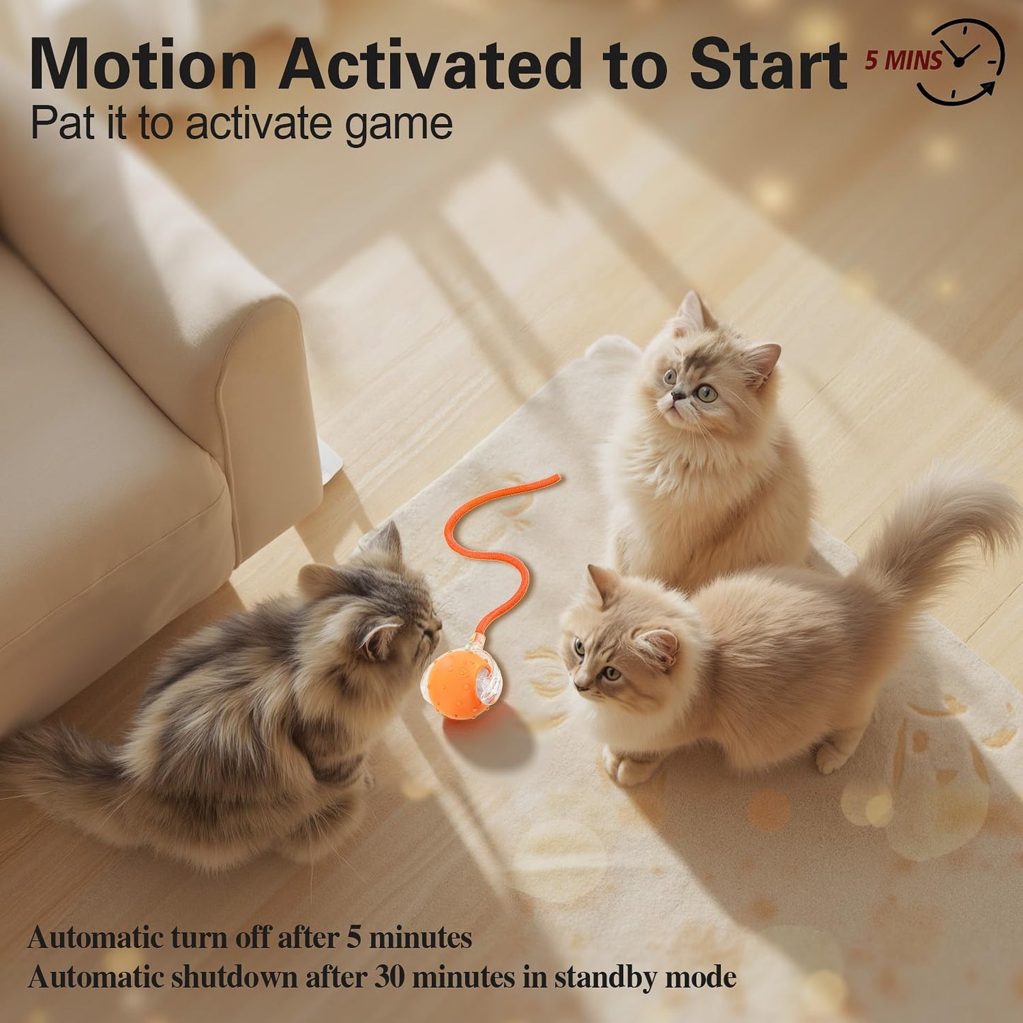 Interactive Cat Toys Ball for Indoor Cats, Automatic Agile Rolling Cat Ball with Elastic Mesh Tail, Bird Chirping & Motion Activated, 2 Tail Accessories, Kitten Toy for Bored (Orange)