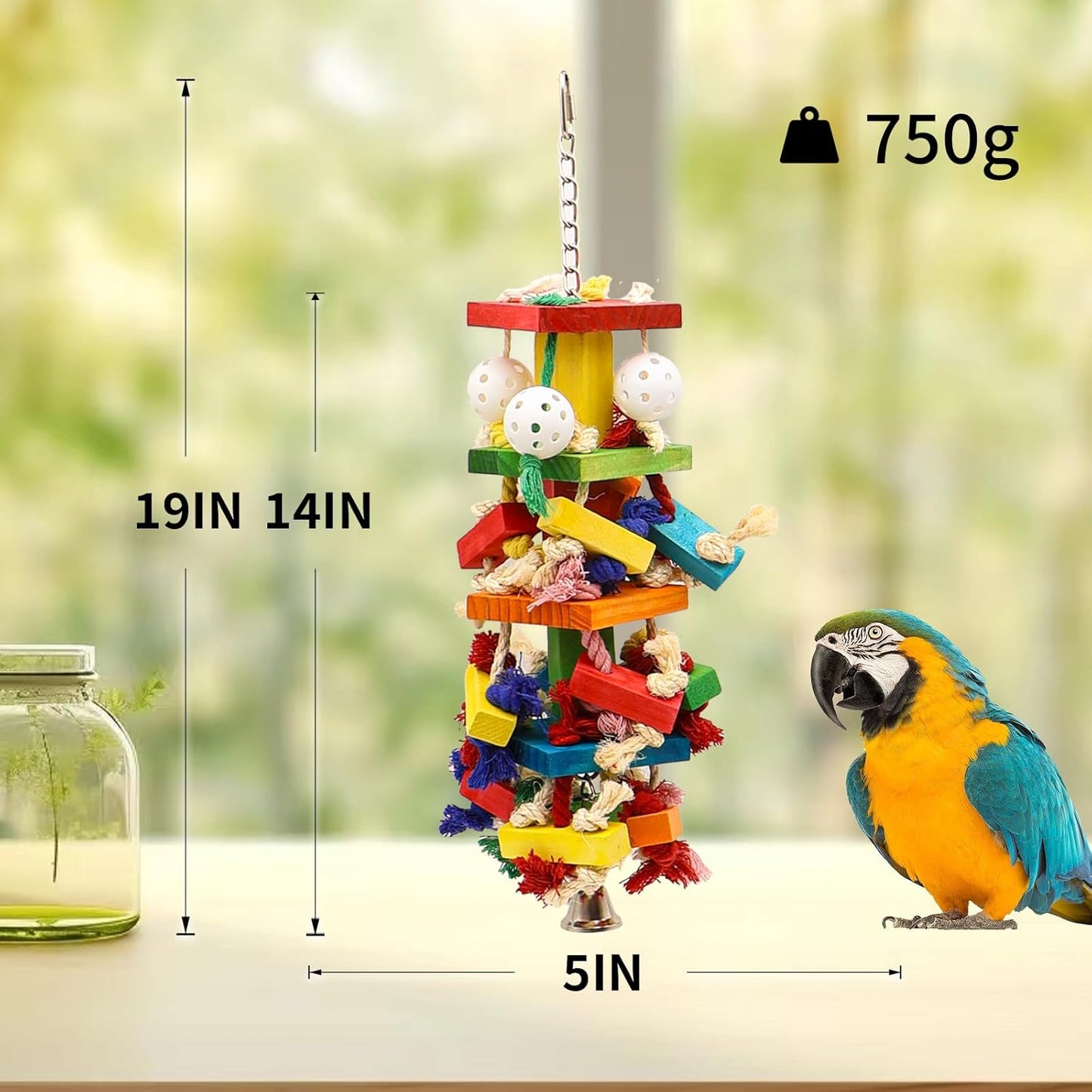 Interactive Parrot Toys for Large Birds, Cockatoo, Cockatiel, and Parakeet Toys, Original Wooden and Natural Material, Fun Durable and Eco-Friendly Bird Cage Toy