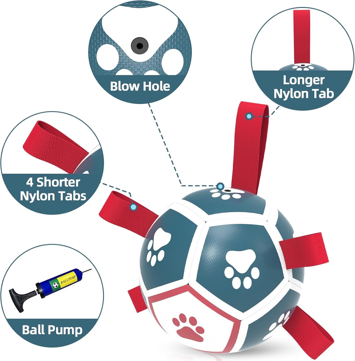 QDAN Dog Toys Soccer Ball with Straps, Outdoor Toys for Tug of War, Puppy Birthday Gifts, Dog Water Toy, Durable Balls for Small Dogs - Blue Red(5 Inch)
