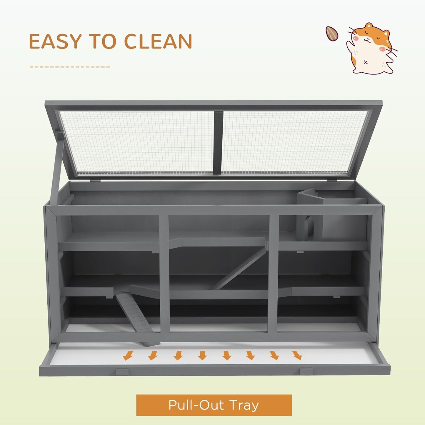 PawHut 45" Extra Large Wooden Hamster Cage, 3-Layer Chewproof Rat Cage with Opening Roof, Hut, Ramps, for Gerbil, Dwarf & Syrian Hamsters, Gray