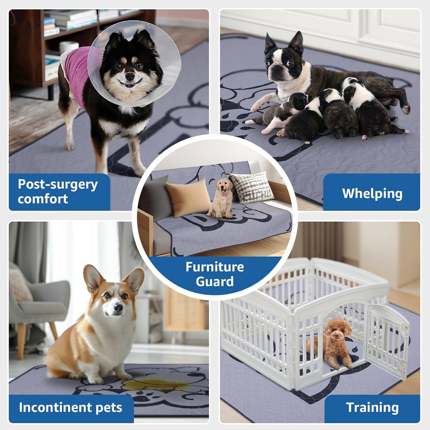 Washable Pee Pads for Dogs: 48x48 2 Pcs Reusable Puppy Pads - Absorbent Whelping Pads, Non-Slip Waterproof Pet Training Pads for Couch, Crate, Potty Training, Floor, Gray