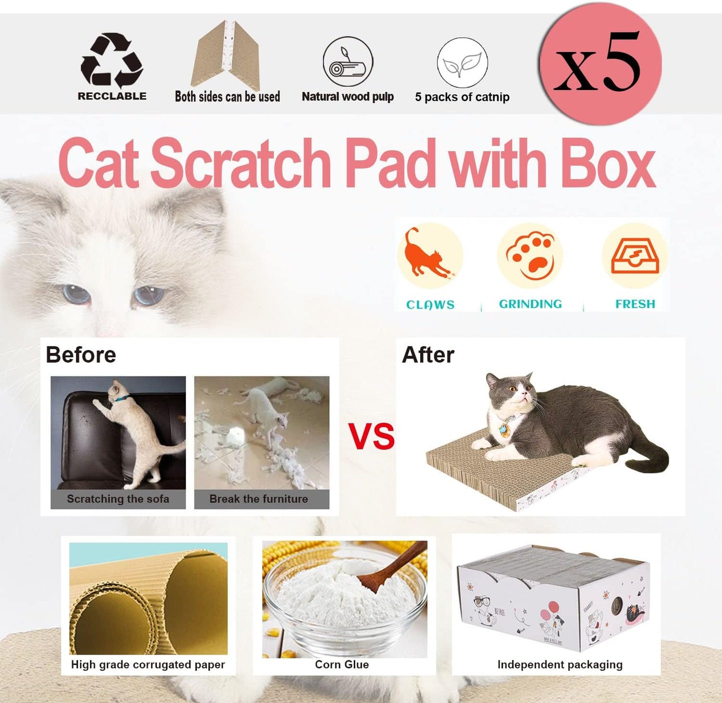 5 Packs in 1 Cat Scratch Pad with Box, Cat Scratcher Cardboard,Reversible,Durable Recyclable Cardboard, Suitable for Cats to Rest, Grind Claws and Play with Scratch Box