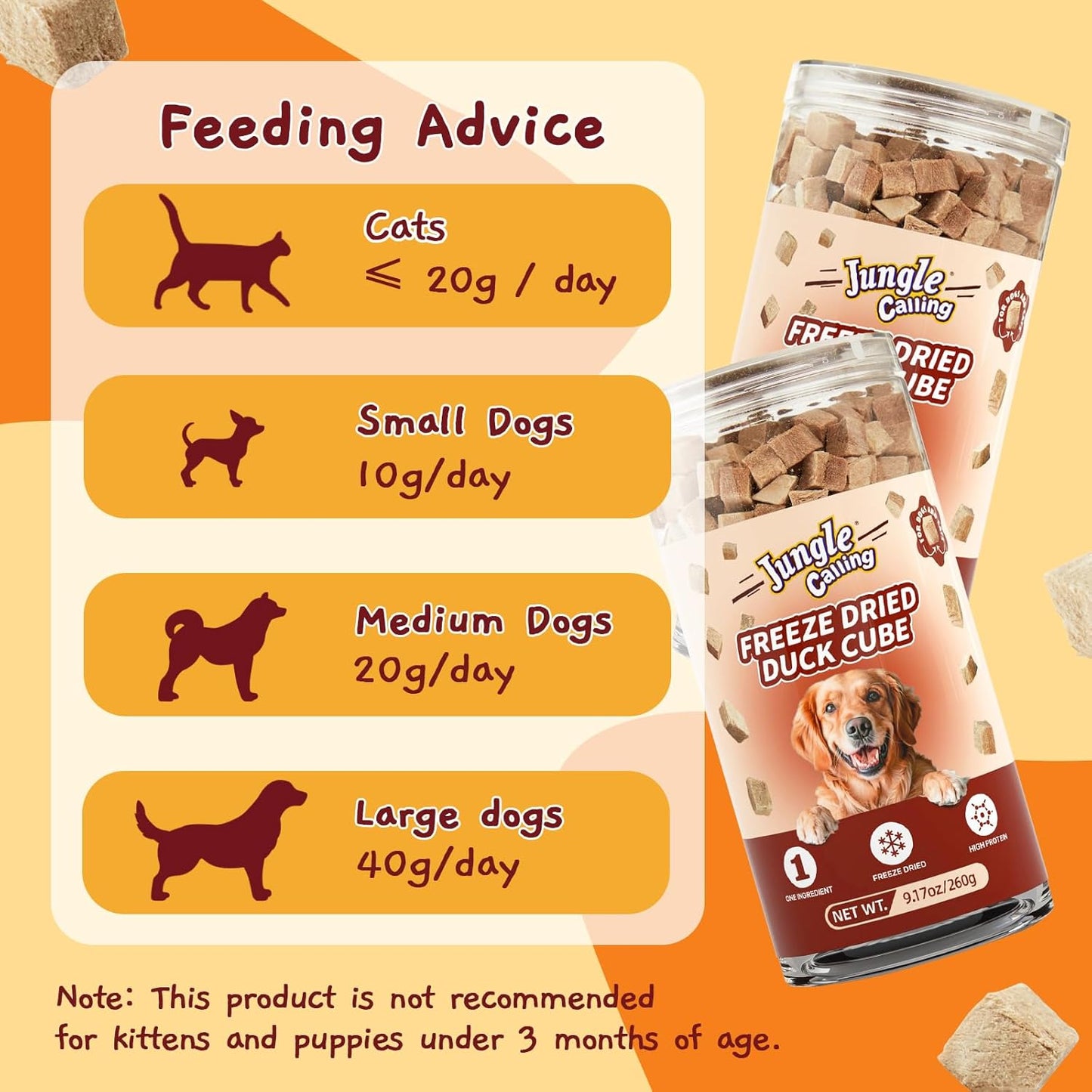 Jungle Calling Freeze Dried Cat Treats, 9.17 oz Single Ingredient Duck Meat for Cats Puppy Dogs, High Protein Food Topper Cube Healthy Dog Treat, Rawhide Free Snacks for Training Bites