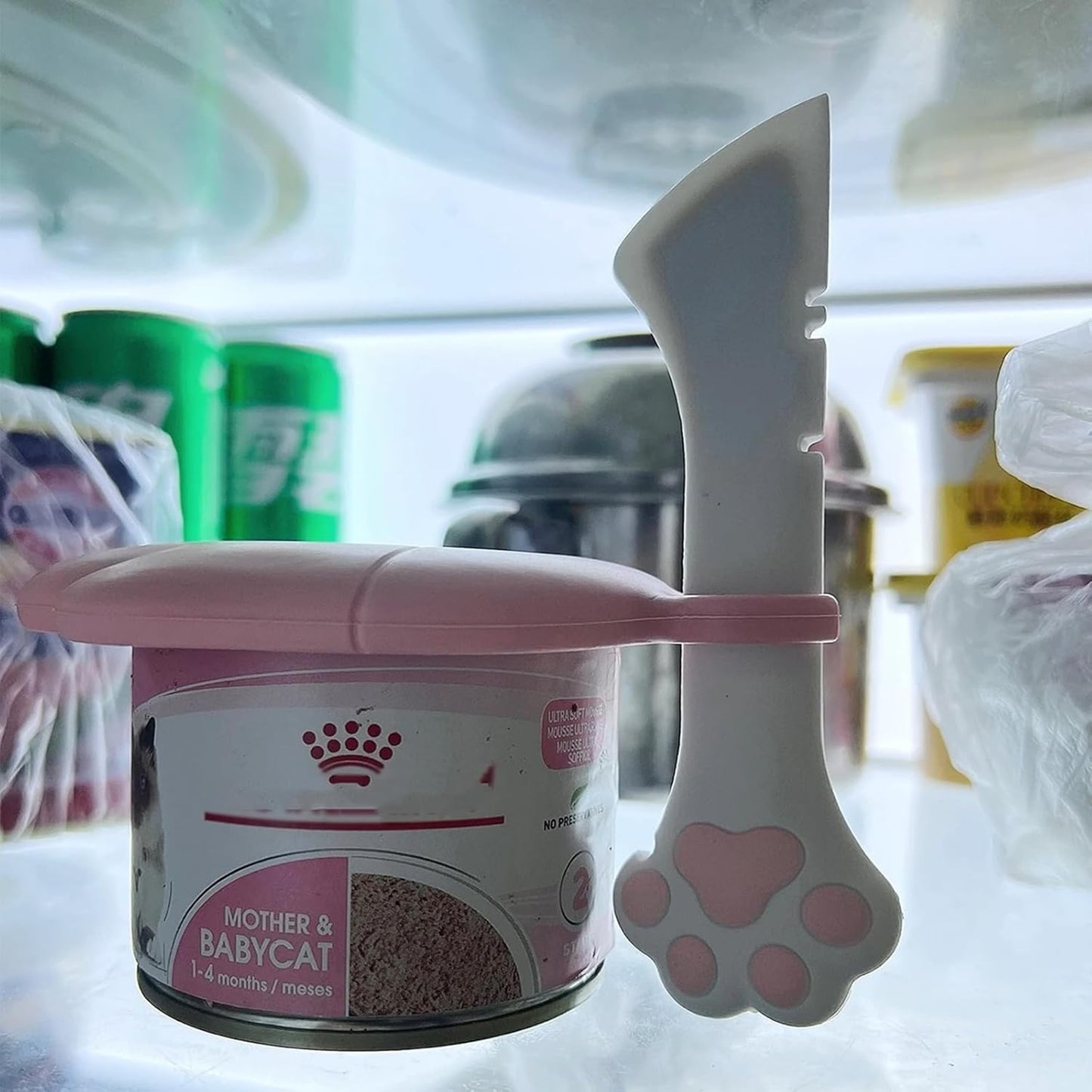 3 Pcs Cat Food Can Lids & One Can Opener | Cute Paw Shape Can Covers and Opener Spatula Cat Spoons for Wet Food | Universal BPA Free Silicone Can Food Spoon & Covers for Dog Cat Cans(Pink)