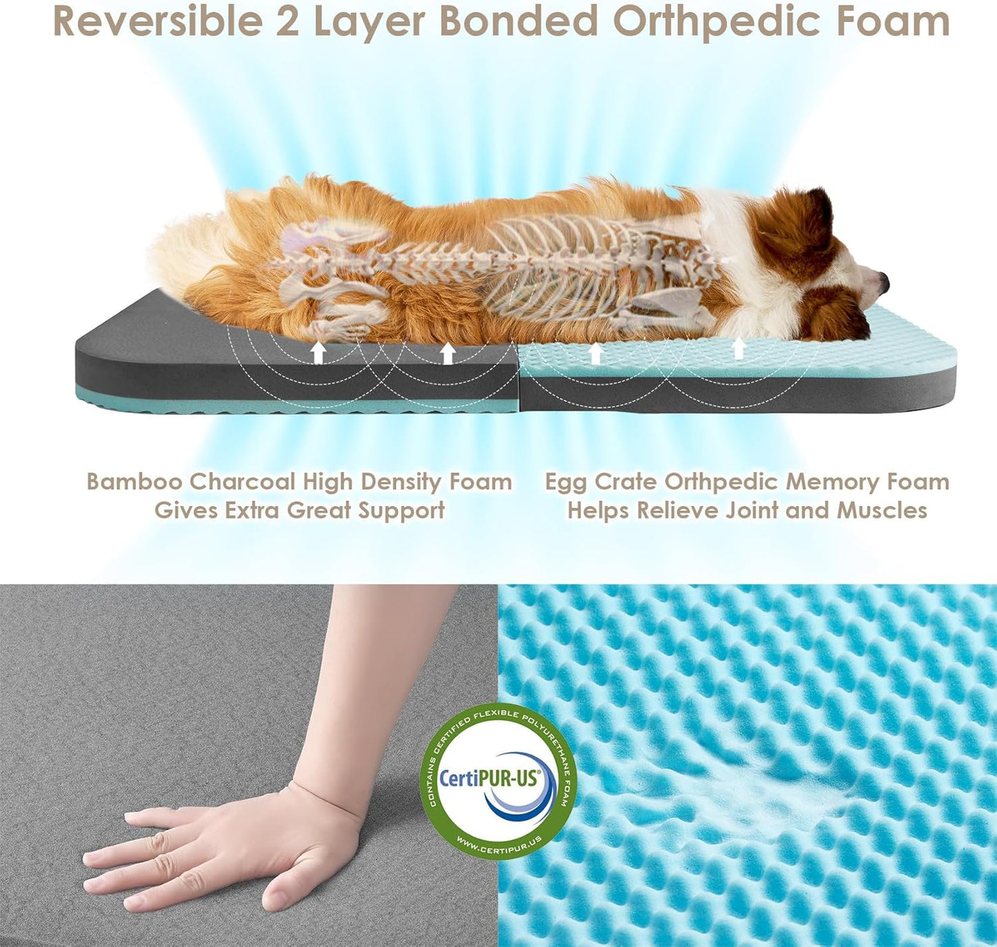 EHEYCIGA Foldable XL Dog Bed, Faux Fur Fluffy Pet Couch Bed for Large Dogs, Orthopedic Calming Memory Foam Big Pet Bed, Washable Soft Pet Sofa Bed with Non-Slip Bottom, Dark Grey, 46"x34"x6.5"