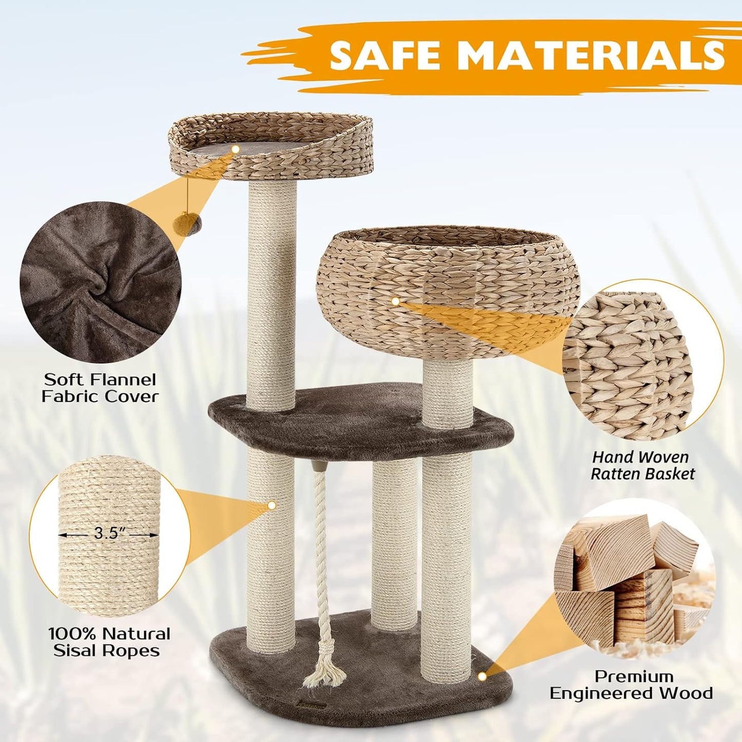 Tangkula Modern Cat Tree for Indoor Cats, Small/Tall Cat Tower with Natural Sisal Scratching Post, Hand-Made Wicker Cat Condo & Top Perch, Funny Hanging Toy Ball, Cute Cat Tree Tower for Large Cats