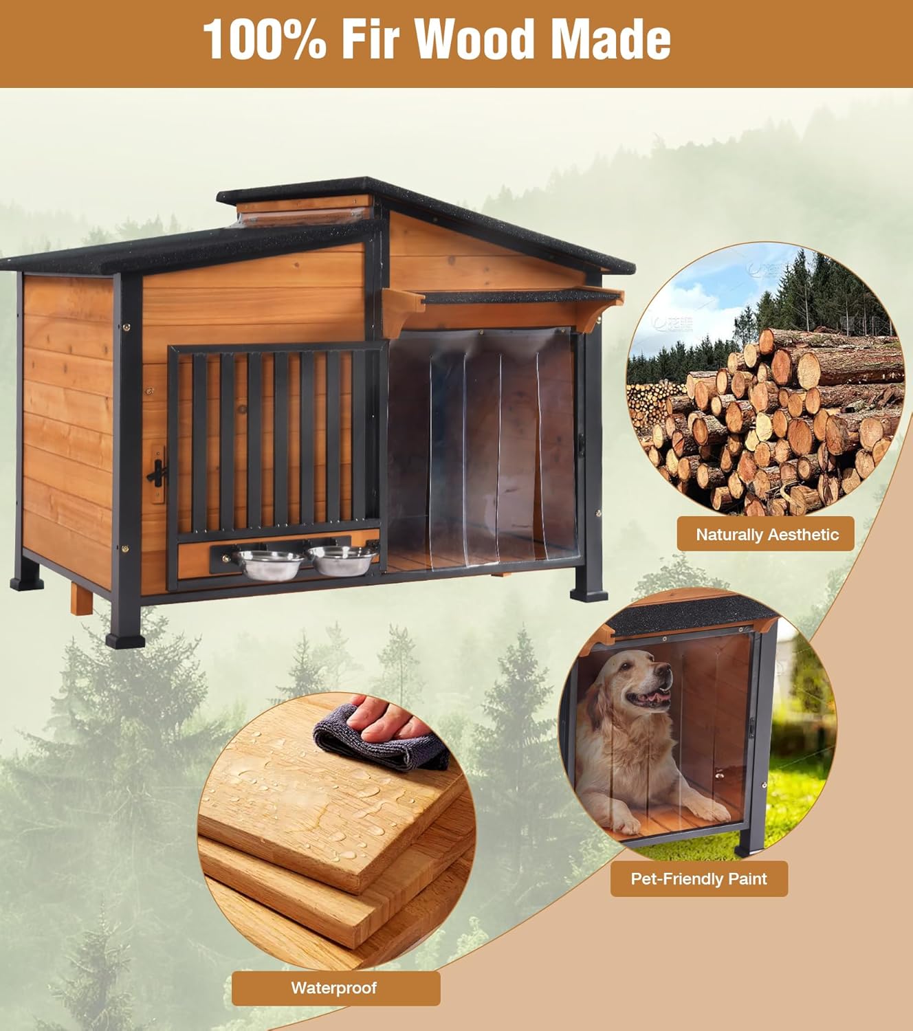 GUTINNEEN Heated Dog House Outdoor with Electric Heating Pad, Insulated Wooden Dog Kennel with 360Β° Rotating Feeding Bowl, Anti-Chewing Metal Frame, Natural Wood Color