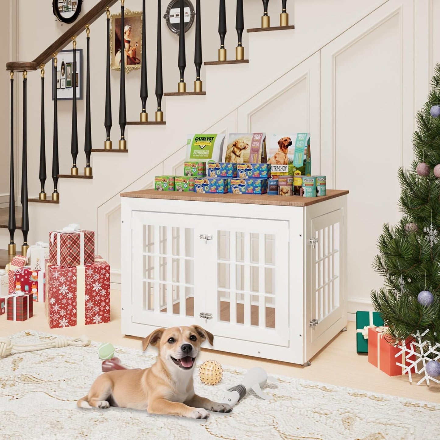 32" Heavy Duty Dog Crate Furniture for Small,Medium and Large Dogs,Rustic Wooden Dog Cage Kennel Indoor Furniture with Waterproof Top,Decorative Pet House Side End Table (White & Wood)