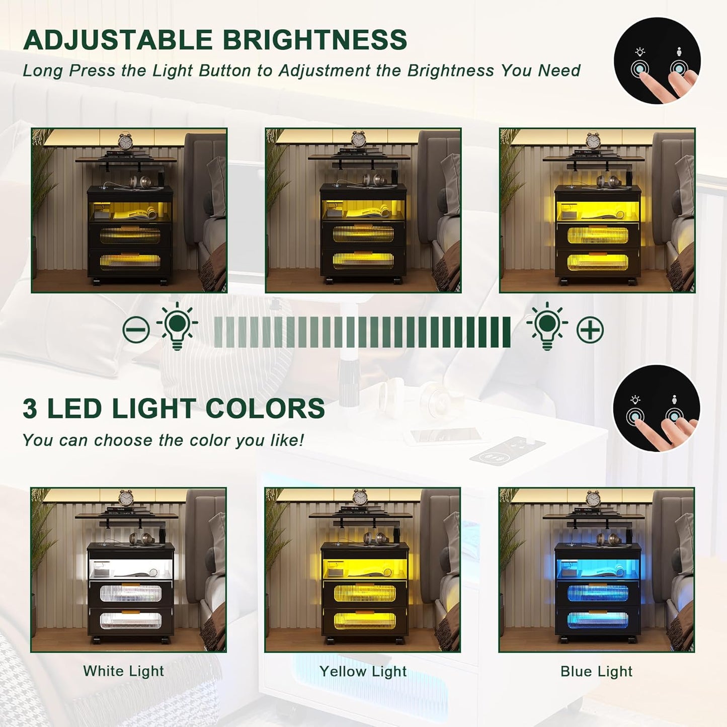 HNEBC Nightstand Set of 2, LED Nightstand with Wireless Charging Station/USB Ports,Smart Nightstand Has Adjustable Rotary Workstation with 2 Drawers,Modern Bedside Table for Bedroom Furniture(Black)