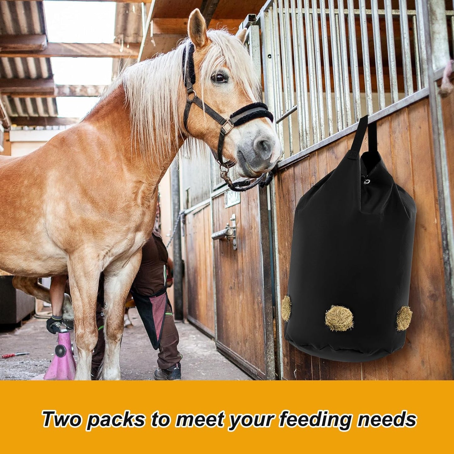 2 Pcs hay Bags for Horses Goats Slow Feed 1680D Oxford Bag Black Large Capacity Net Open Feed Hole Hay Holder for Horse Goats Sheep(5 Holes)