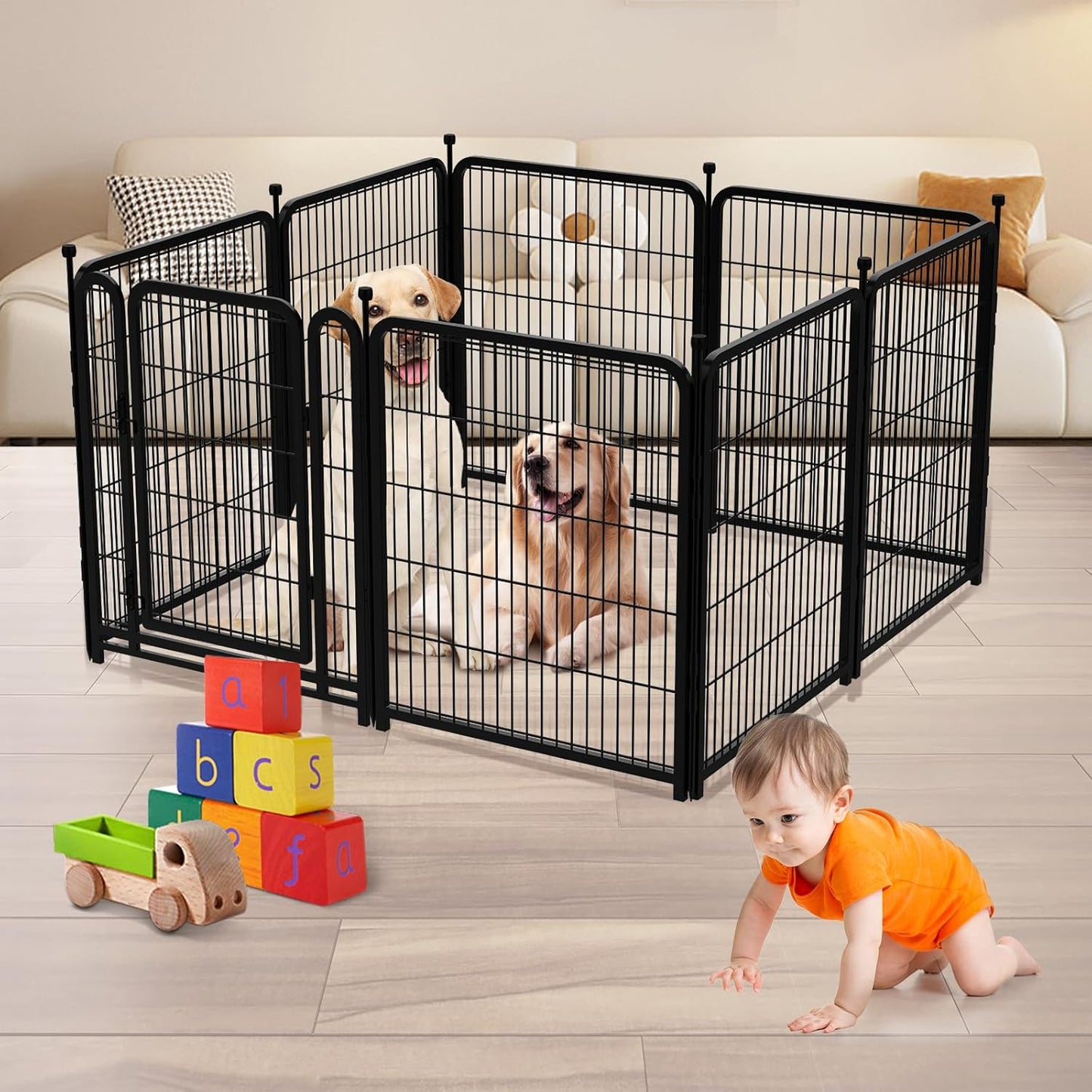56 in(H) Decorative Garden Fence Panels, Wide Door Low Threshold, Dog Fence Outdoor for Yard. 10 Panels Total 22.1 Ft(L),No Dig Fencing for Dogs, Black