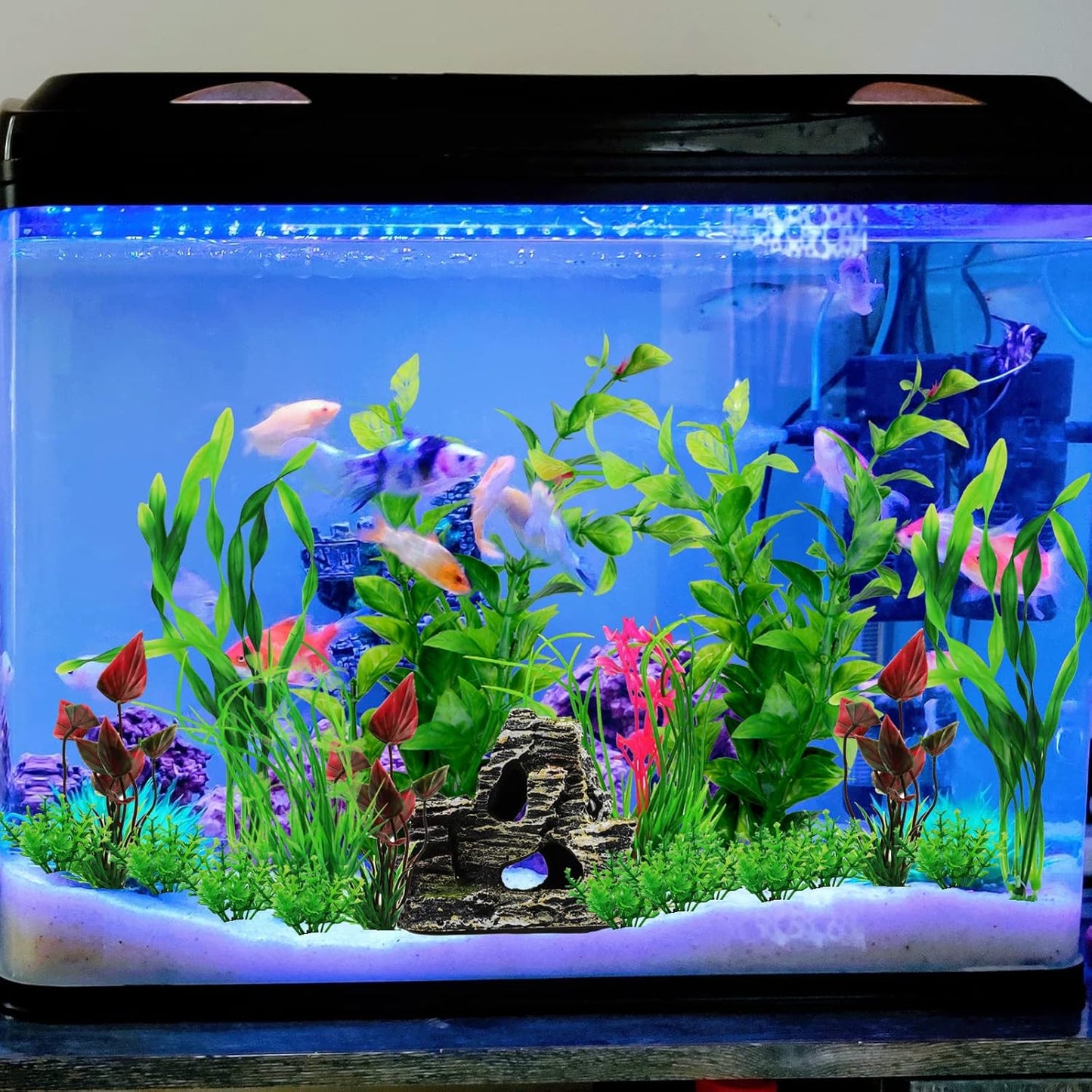 Fish Tank Accessories Aquarium Decorations Rock Plants, 20pcs Green Fish Tank Decorations Plants and Cave Rock Decoration Decor Set, Fish Tank Decor, Aquarium Decor Plastic Plants