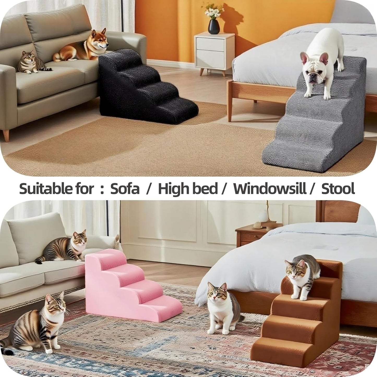 5 Step Pet Stairs Ramp for High Beds Sofas 5-30 Inch with Sturdy Non Slip Waterproof Pads, Machine Washable Cover Indoor Balanced Design for Cats Dogs Small Medium Large XL Pets Grey (Brown, Large, 1)