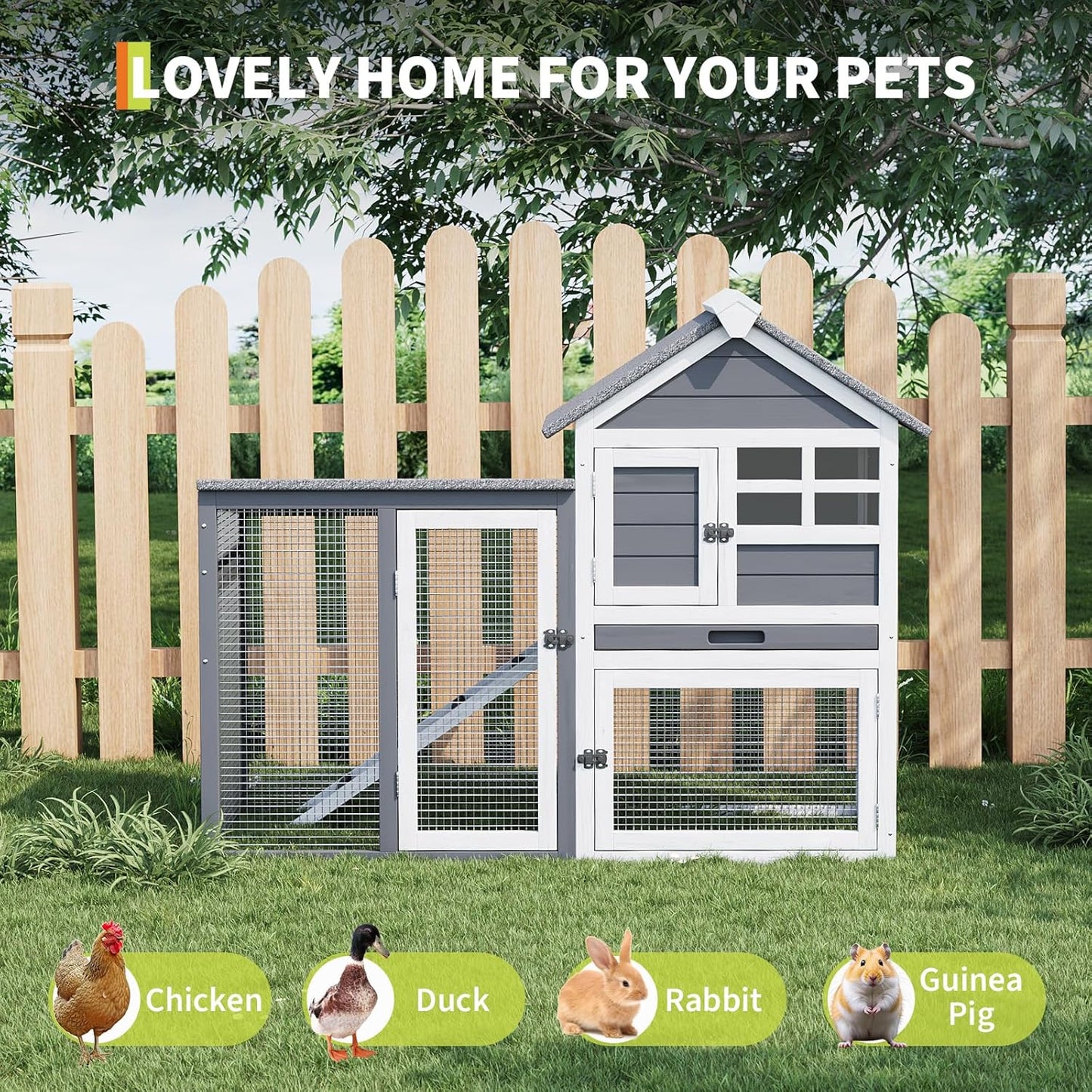 Rabbit Hutch 2-Tier, Small Wooden Chicken Coop for Outdoor Use - Weatherproof Small Animal Hutch with Non-Slip Ramp, 4 Access Doors & Removable Tray for Rabbits, Guinea Pigs, Ferrets (Indoor/Outdoor)