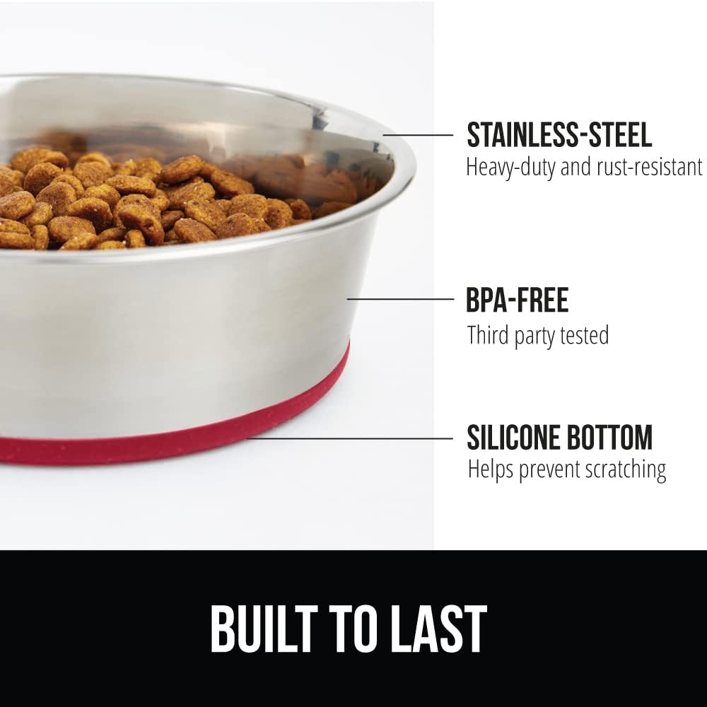 GORILLA GRIP Set of 2 Dog Bowls, Heavy Duty Metal Food and Water Bowl for Feeding Dogs and Cats, Dishwasher Safe, Rust Resistant Stainless Steel, BPA Free Rubber Base, Holds 1 Cup (8 fl oz), Red