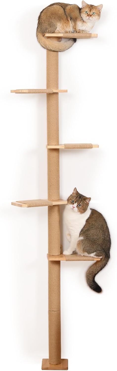5 Tier Floor to Ceiling Cat Tree Tower with Wall-Mounted Scratching Post, Playful Wall Climbing Shelves for Cats, Ideal for Kittens to Climb, Scratch, and Lookout, Wild Simulation Design