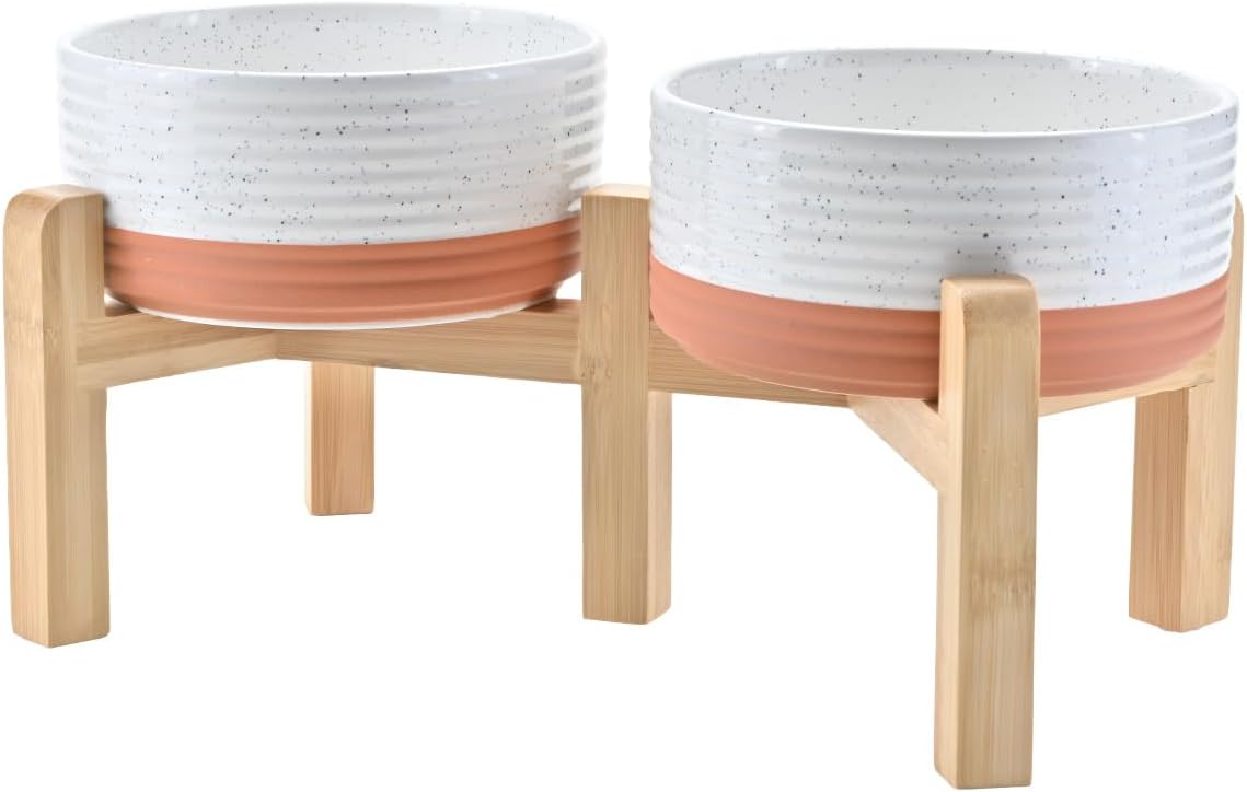 SPUNKYJUNKY Elevated Dog Bowls Ceramic, 6.1'' Dogs and Cat Food Water Bowls Raised with Non-Slip Bamboo Stand for Medium Sized Breed Microwave Dishwasher Safe - 28.7 OZ,Pattern White
