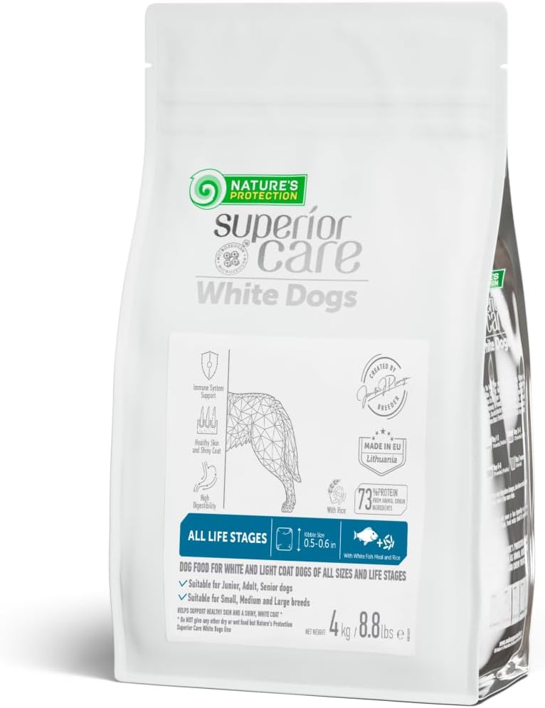 Nature's Protection Dry Dog Food - High Protein Tear Stain Diet - Dog Kibble for Adult & Puppy Dogs of Small, Medium & Large Breed with Light Fur (Superior Care - White Fish, 8.8 lb)
