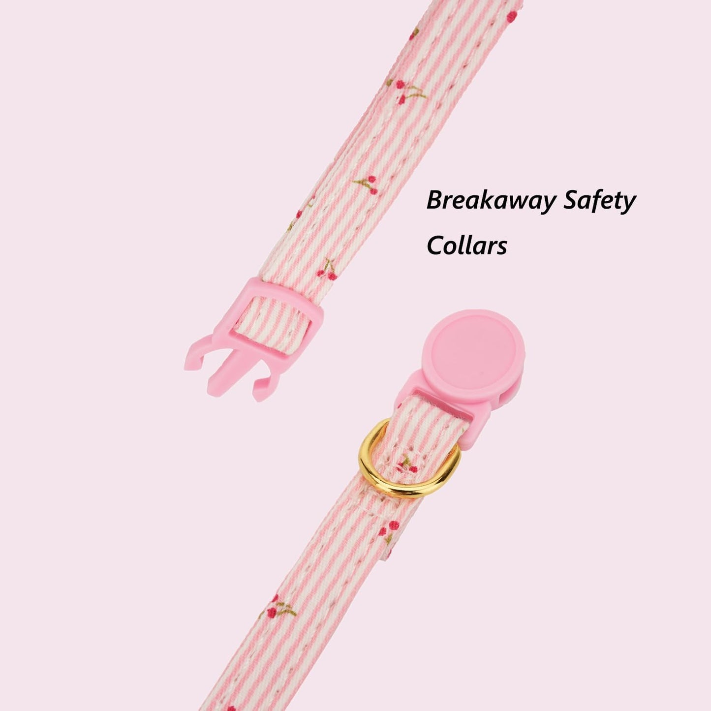 2 Pack Breakaway Cotton Cat Collars with Cute Bunny Ear Bowtie and Bell, Pink Floral Female Kitten Collars