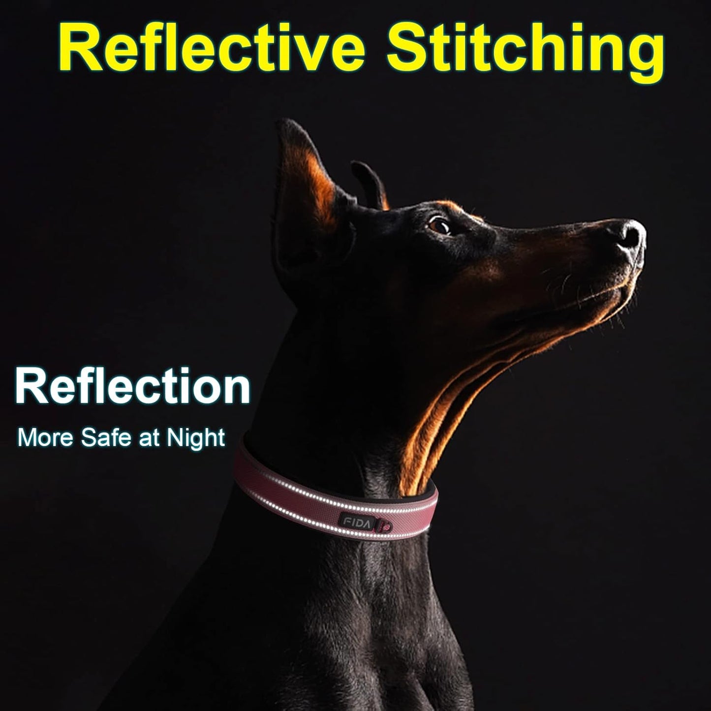 Fida Heavy Duty Dog Collar, Ultra Comfortable Soft Neoprene Padded, Adjustable Reflective Nylon Pet Collar with Durable Metal Belt Buckle for Large Breeds (L, Pink)