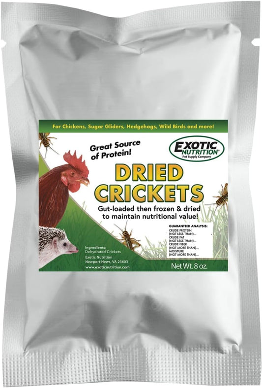 1.5 Pound Dried Crickets - High Protein Insect Treat - Chickens, Wild Birds, Hedgehogs, Bluebirds, Reptiles, Sugar Gliders, Opossums, Skunks, Lizards, Bearded Dragons, Fish, Turtles 8 oz. (3 Pack)