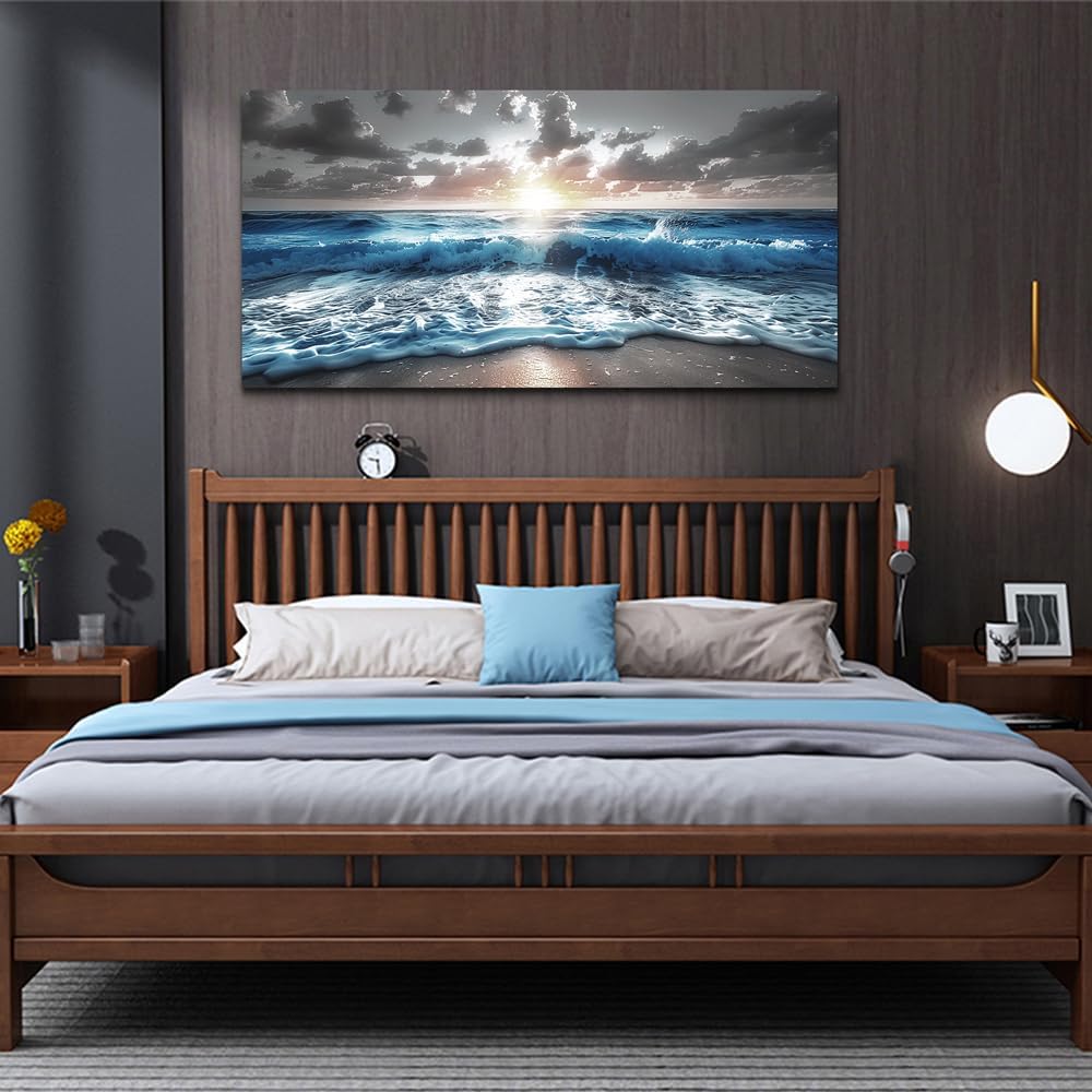 hyidecorart Canvas Wall Decor For Office Large Wall Art For Living Room Blue Beach Painting Sea Waves Sunshine Wall Pictures Bedroom Home Decorations Prints Posters Mural Artwork Ready To Hang