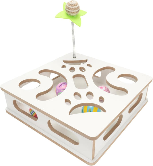 Interactive Wooden Cat Puzzle Toy Box Indoor Hunting Play Toy to Stimulate Your Cat’s Energy and Instincts (White)