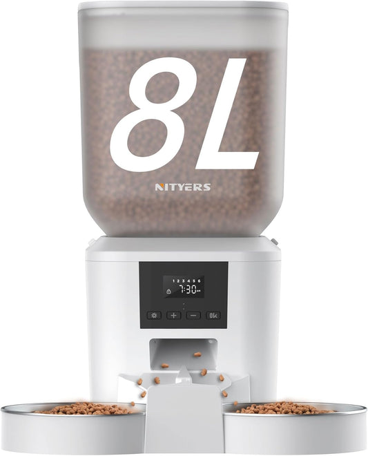 Automatic Cat Feeder for 2 Cats - 8L/34 Cups Large Capacity Auto Food Dispenser with LCD Screen, 2 Food Trays, Timed Cat Feeder, Up to 50 Portions 6 Meals Per Day, Keep Fresh, White