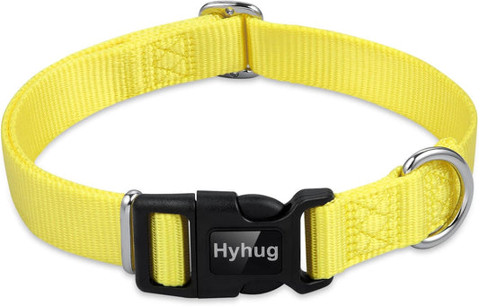 Hyhug Pets Solid Color Classic Regular Heavy Duty Basic Collar for Large Dogs, Unique Design Adjustment Triglide Slide (Buckle) Can Attached Name Tag Accessories. (Large, Illuminating Yellow)