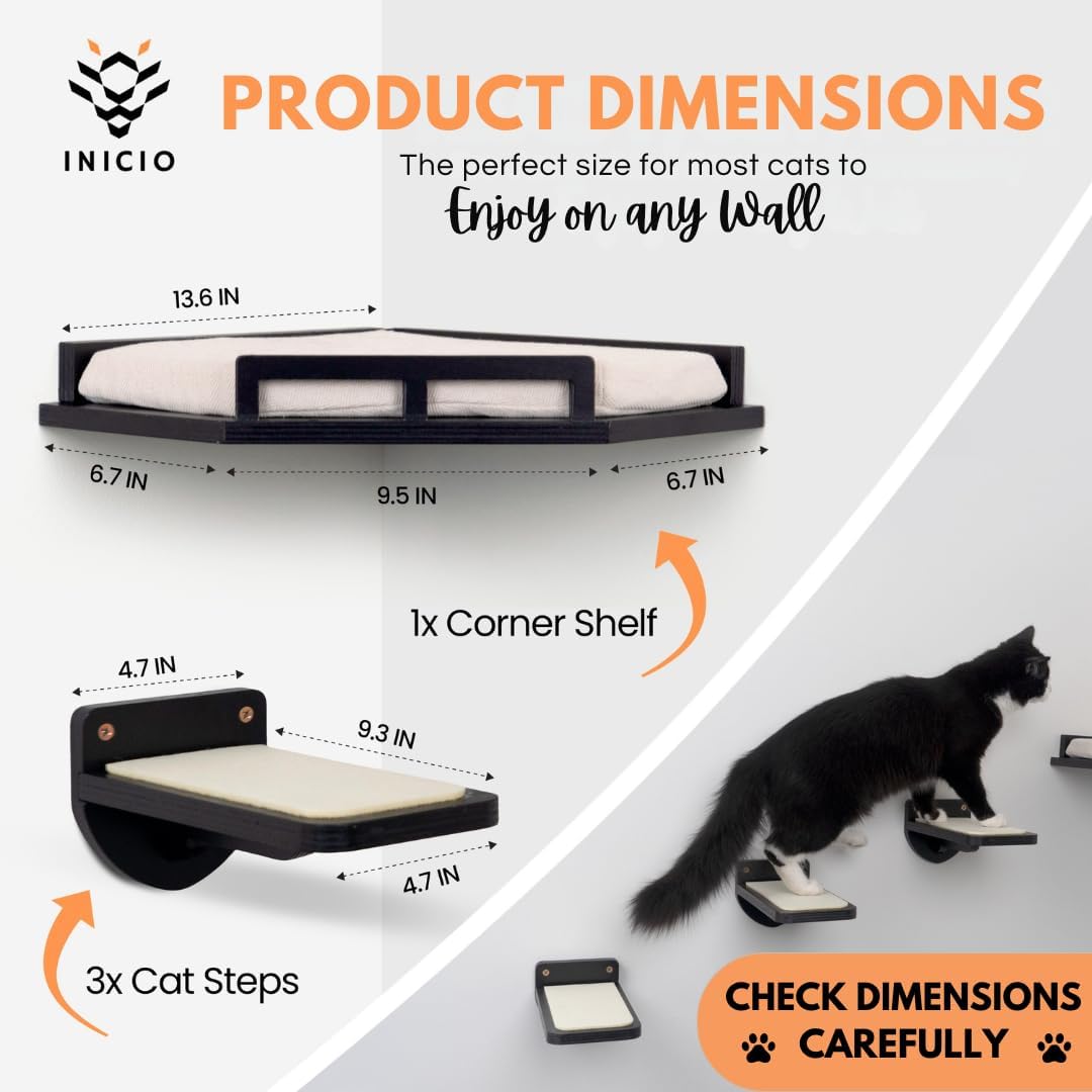 INICIO Cat Wall Shelves - Modern and Durable 3 Step Cat Furniture for Wall - Stylish Birch Floating Shelf for Cats up to 15lbs - Wooden Corner Shelves with Cushioned Perch - Black