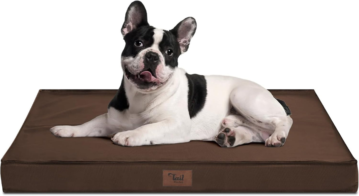 Outdoor Dog Bed Waterproof, Outside Cooling Dog Bed for Medium Dogs, Orthopedic Egg Foam Pet Bed with Removable Washable Oxford Cover, Brown
