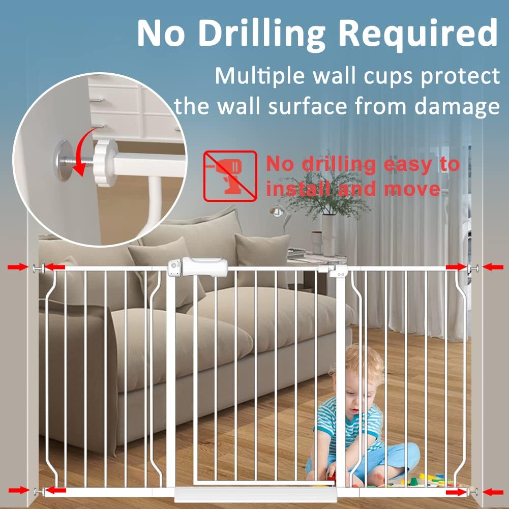 Safety Baby Gates for Doorway Stairs 43.5-48 Inch Extra Wide Child Gate for Kid Pet Dog Gate Indoor Pressure Mounted No Drill Baby Gate White