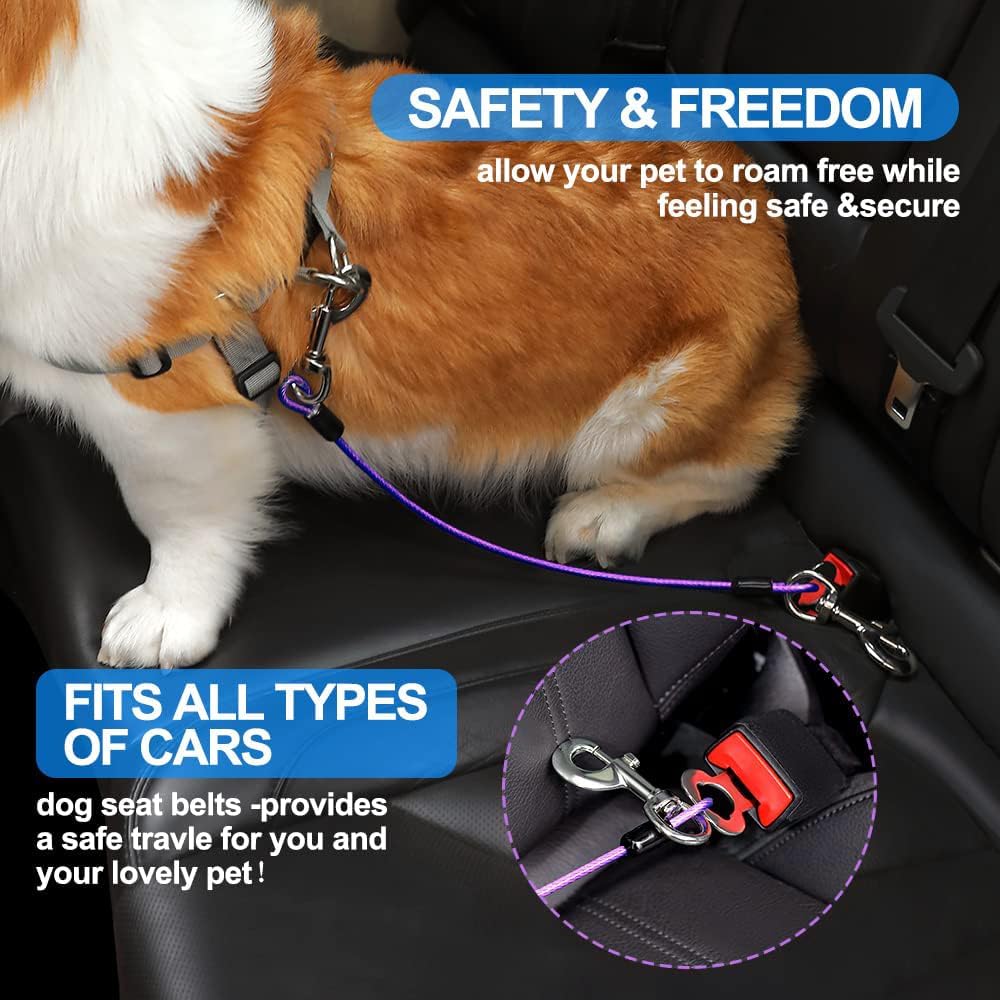 Dog Seat Belt Harness for Car,Dog Seatbelt of Coated Wire Leash Safety Restraint,No Chew Tether Cable Vehicle,Double Clips & Latch(Purple, 16 inch/40 CM)
