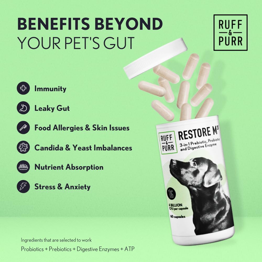 Ruff & Purr Probiotics for Dogs – 3-in-1 Probiotics, Prebiotics and Digestive Enzymes for Gut Health, Immune Support, Healthy Skin and Coat – Clinically Studied DE111 & PreforPro