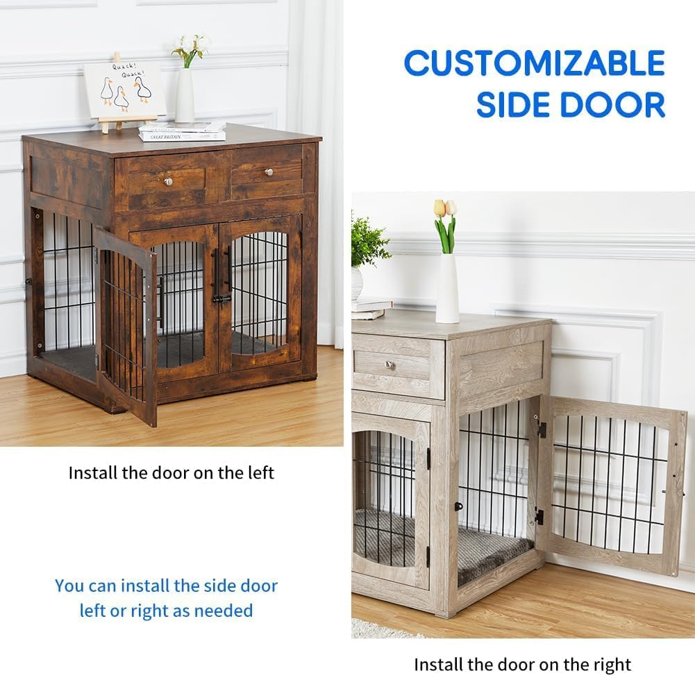Dog Crate Furniture for Medium Dogs, Wooden Dog Kennel Indoor with Double Doors, Dog Cage with Cushion & Drawers, Dog House Side End Table for Small Medium Dogs up to 45 lb, 31.5” L, Grey