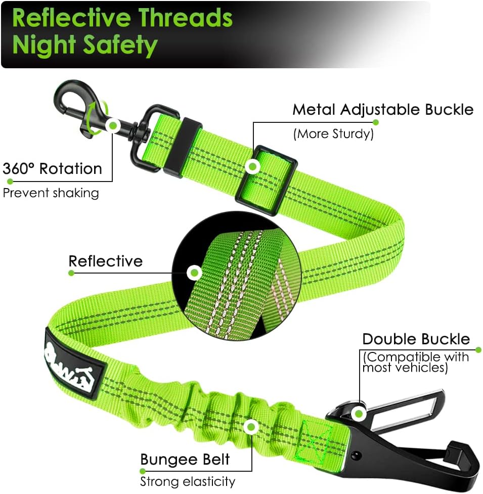 SlowTon Dog Seat Belt, Adjustable Dog Safety Belt Leash, 2 in 1 Latch Bar Attachment Dogs Car Seatbelt with Elastic Nylon Bungee Buffer, Reflective Nylon Belt Tether(VL,35.5in)