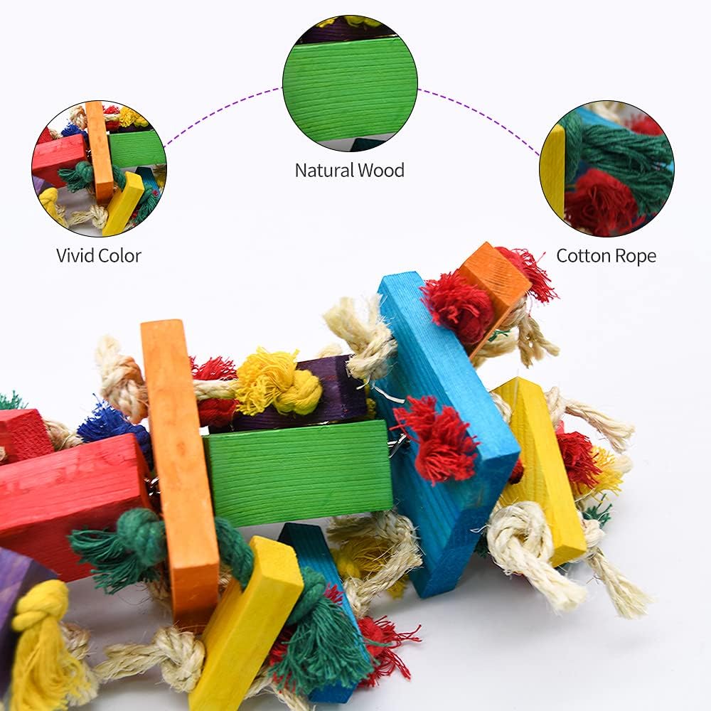 RUBY.Q 3 Pack Large Parrot Toy, 20in Bird Parrot Toy, Multicolor Natural Wooden Bird Chewing Toys for Large Macaws, African Grey and a Variety of Amazon Parrots