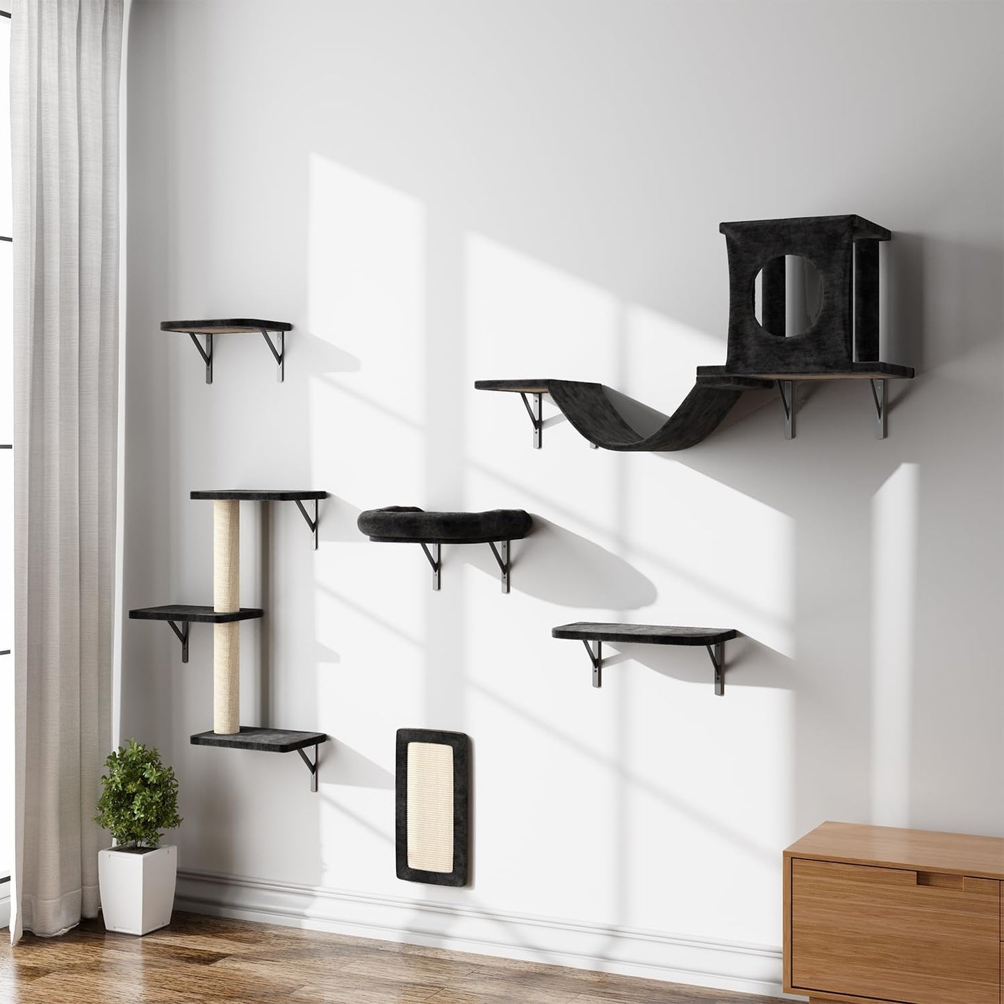 NUNU LAB Cat Wall Shelves, 6 Pcs Luxury Wall-Mounted Cat Climber Set, Indoor Cat Furniture with 1 Condos House, 2 Cat Wall Shelves, 1 Scratching, 1 Bridge Ladder, 1 Scratching Pad, Black
