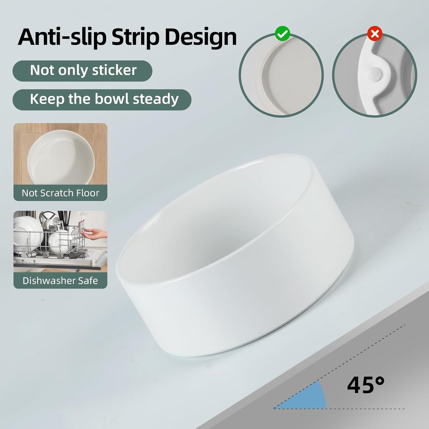 Ceramic 6.1inch Non-Slip Dog Food and Water Bowl for Small & Medium Breed Dogs,Pet Bowl for Replacement, Protects Cervical Spine (White)