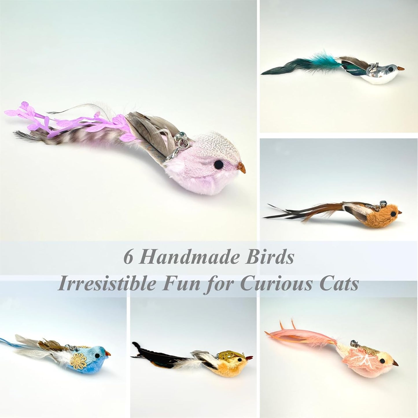 12PCS Interactive Cat Feather Wand Toy Set – 11 Bird & Feather Teaser Refills with Bells + Flexible Suction Cup Wand – Realistic Bird Design, Natural Materials, Indoor Cat Toys for Exercise & Play