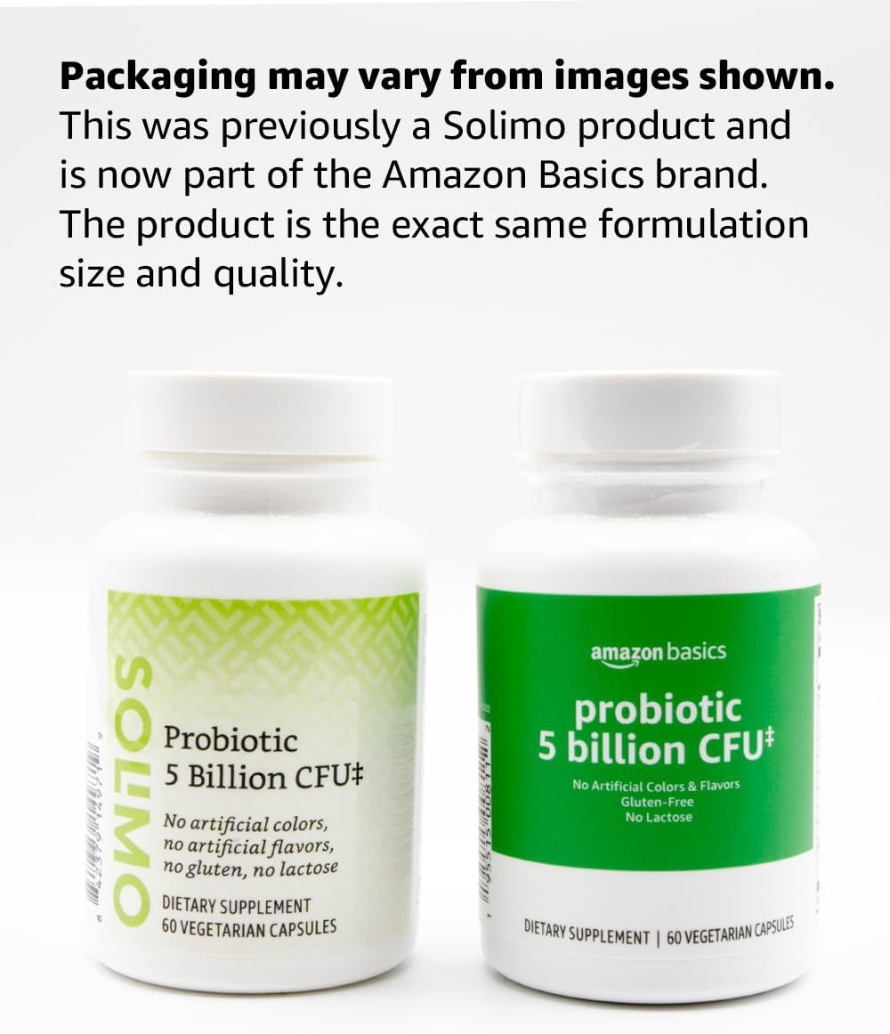 Amazon Basics Probiotic 5 Billion CFU, 8 Probiotic strains with 60 mg Prebiotic Blend, 60 Count Vegetarian Capsules, 2 Month Supply, Supports Healthy Digestion (Previously Solimo) (Pack of 2)