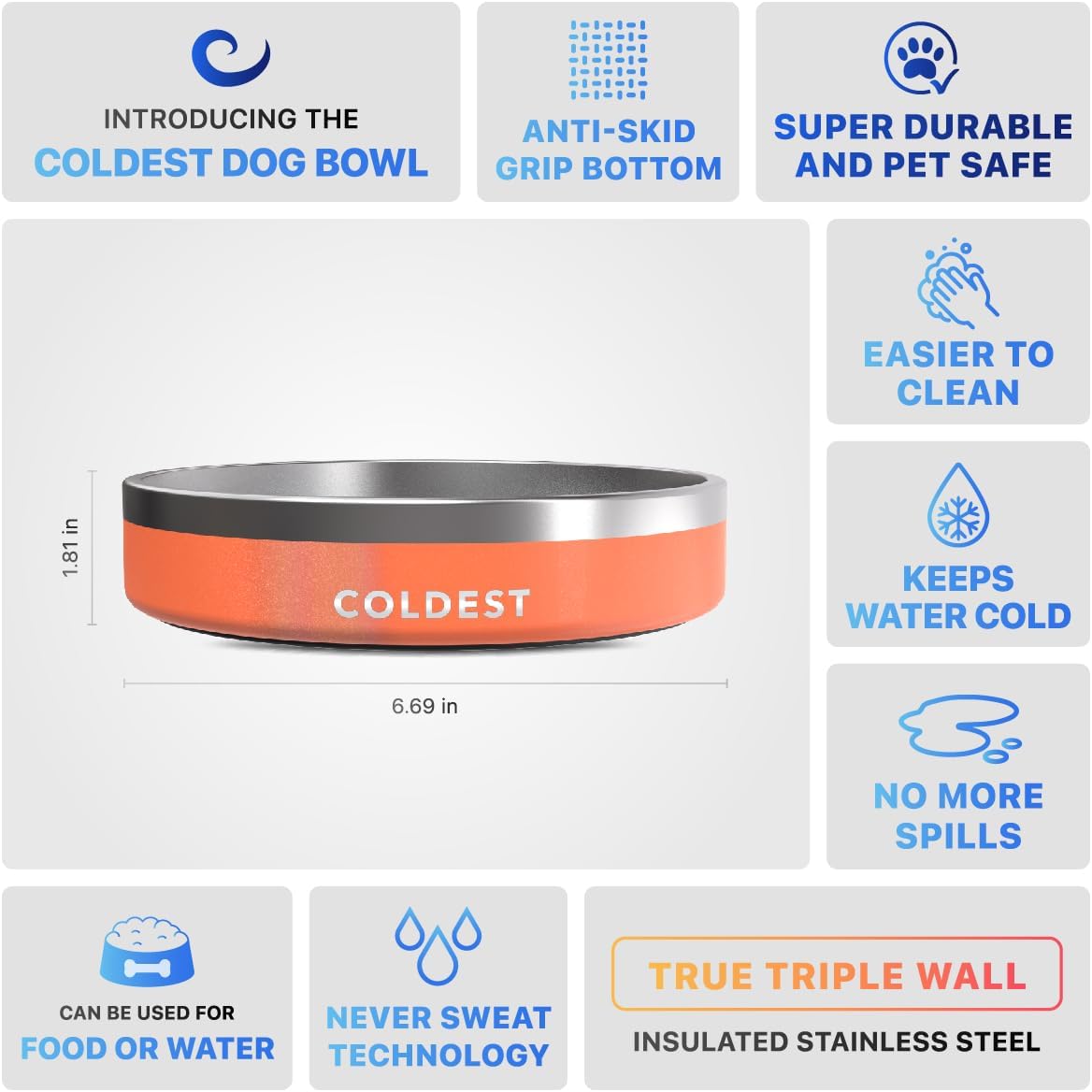 Coldest Dog Bowl - Anti Rust Metal, Non Slip, 3 Layers Insulated Stainless Steel Dog Bowls - Spill Proof & Heavy Duty - Water Bowl for Dogs, Cats & Pets, Dish Washer Safe (21 oz, Mars Red Glitter)