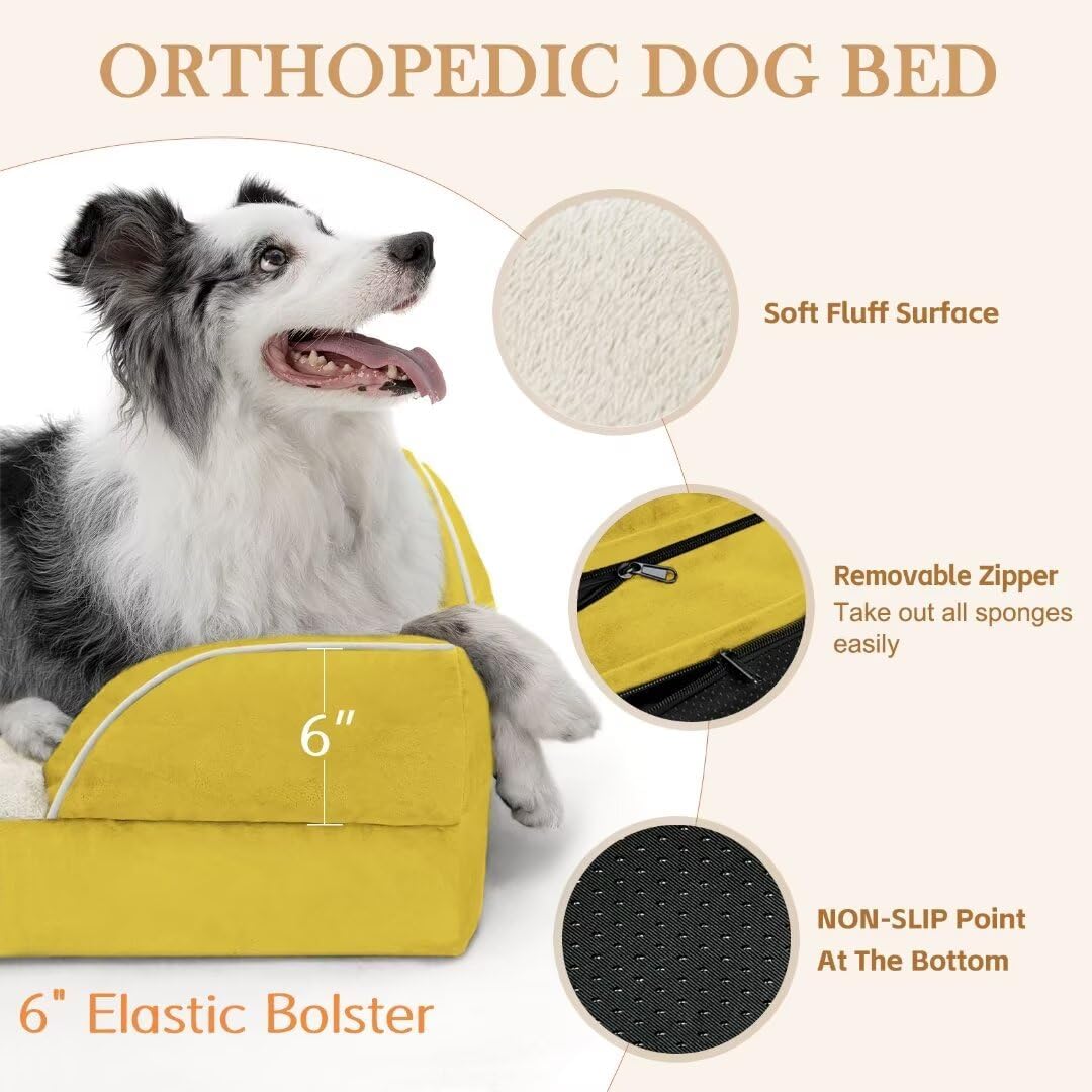 Comfort Expression XXL Dog Bed Orthopedic Foam, Waterproof Dog Beds for Oversized Dogs, Washable Dogs Sofa Bed with Removable Cover & Non-Slip Bottom(XX-Large,Spicy Mustard)