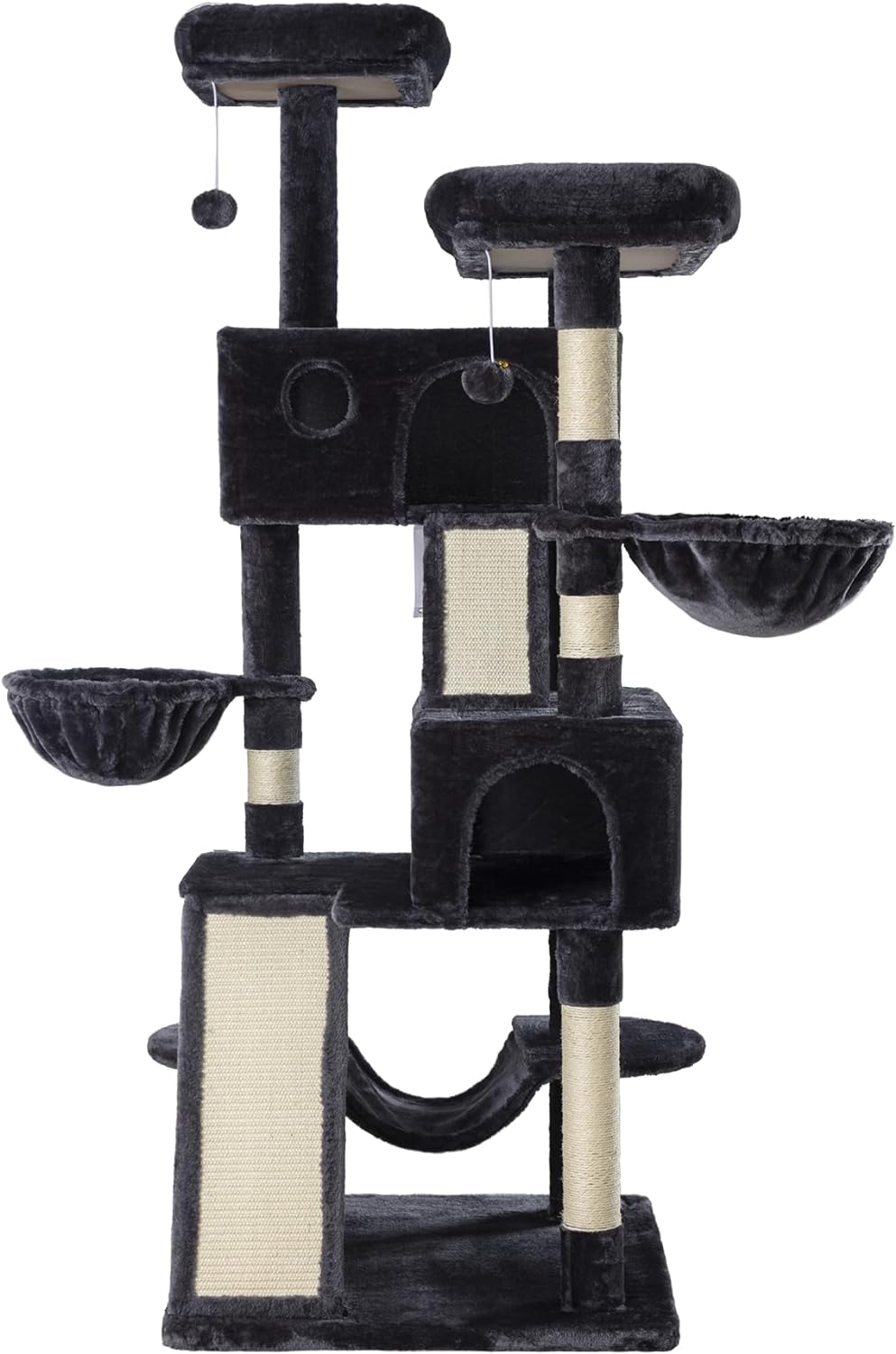 MUTICOR 66 Inches Multi-Level Large Cat Tree Tower for Indoor Big Feline/Cozy Plush Perches/Condo/Sisal Scratching Posts/Hammock and Baskets/Activity Center Play House/Wide Base/Dark Grey